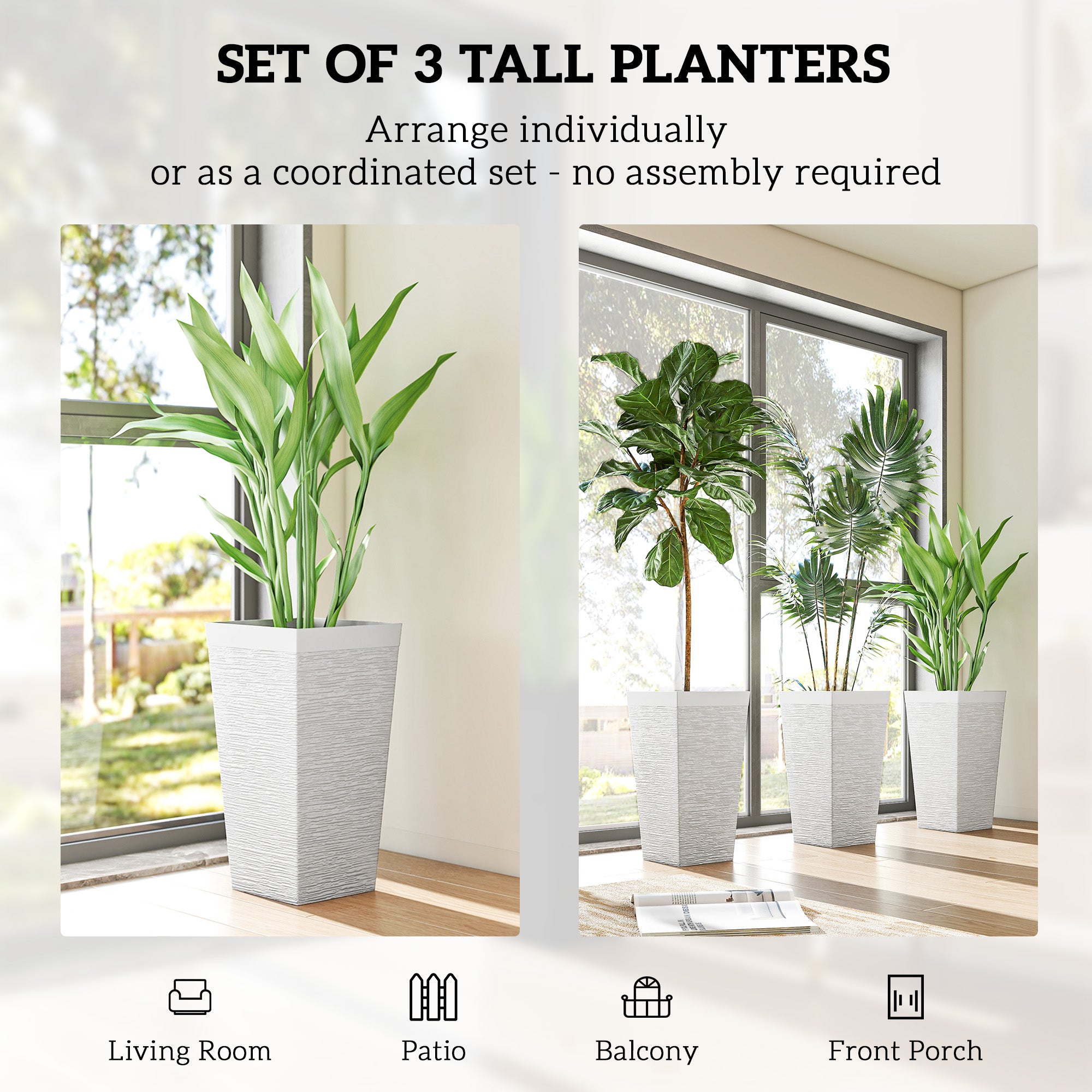 22.8 Inch Set of 3 Outdoor Planters with Stone Finish and Wheels, Stackable Tapered Planters with Drainage Hole, White - White - Image 4