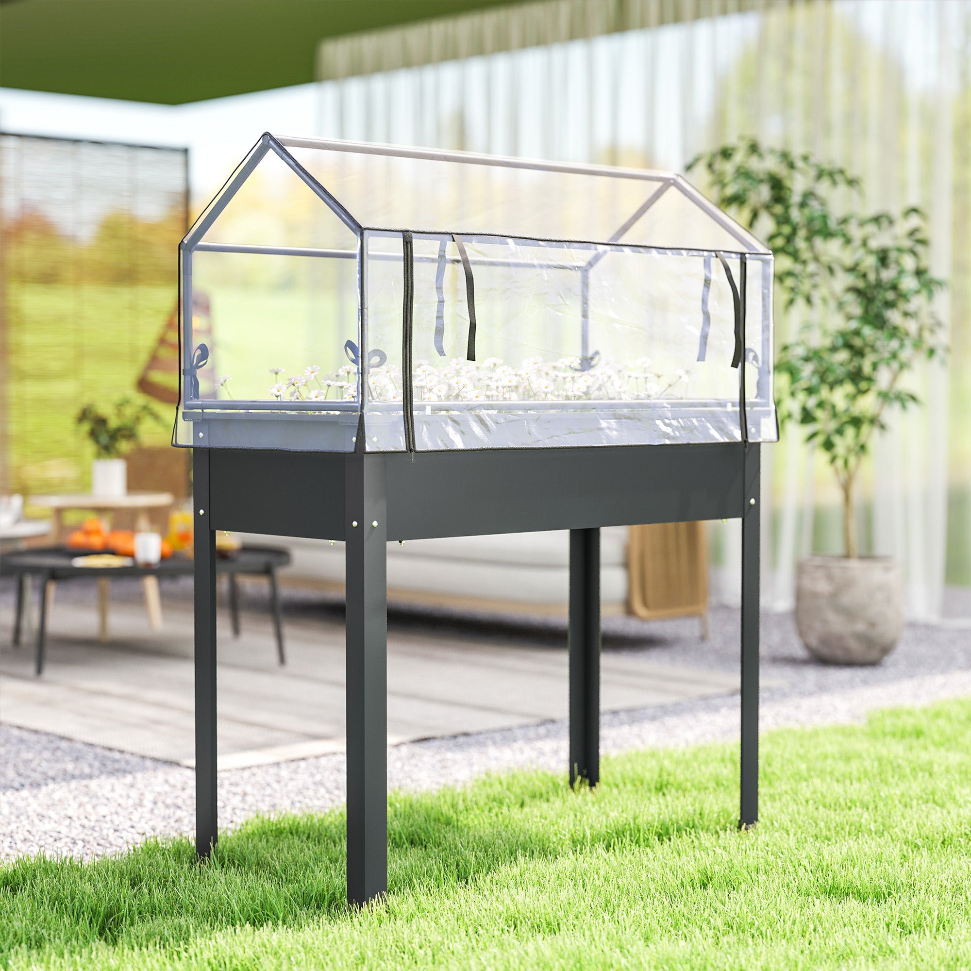 Elevated Garden Box with Greenhouse Cover, Raised Garden Bed with Legs and Drainage Hole for Vegetables, Dark Gray - Dark Gray - Image 8