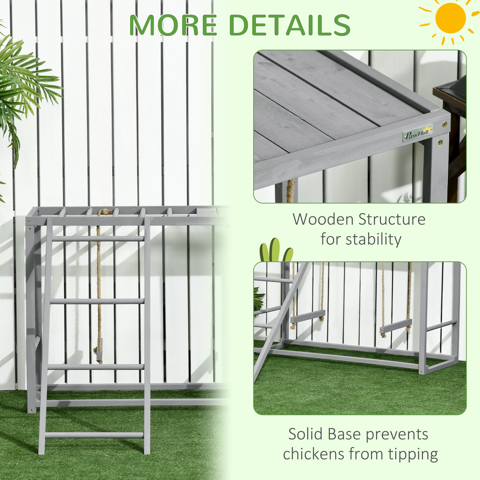 Chicken Activity Play with Swing Set for 3–4 Birds, Wooden Chicken Coop Accessory with Multiple Perches & Hen Ladder, Gray - Gray - Image 6