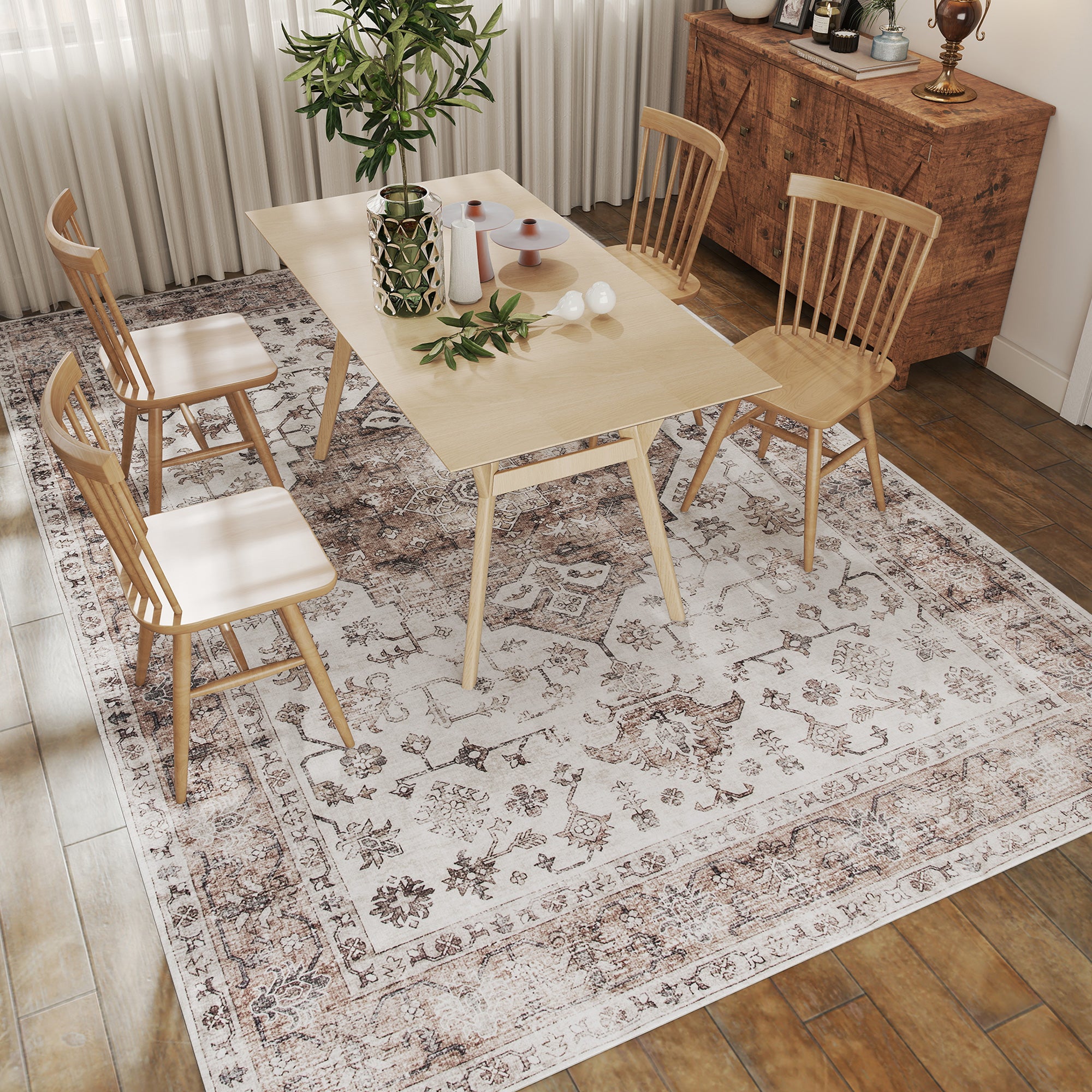 8x10 Area Rug, Vintage Machine Washable Rug, Non-Slip Floor Carpet for Living Room, Bedroom, Dining Room, Tan