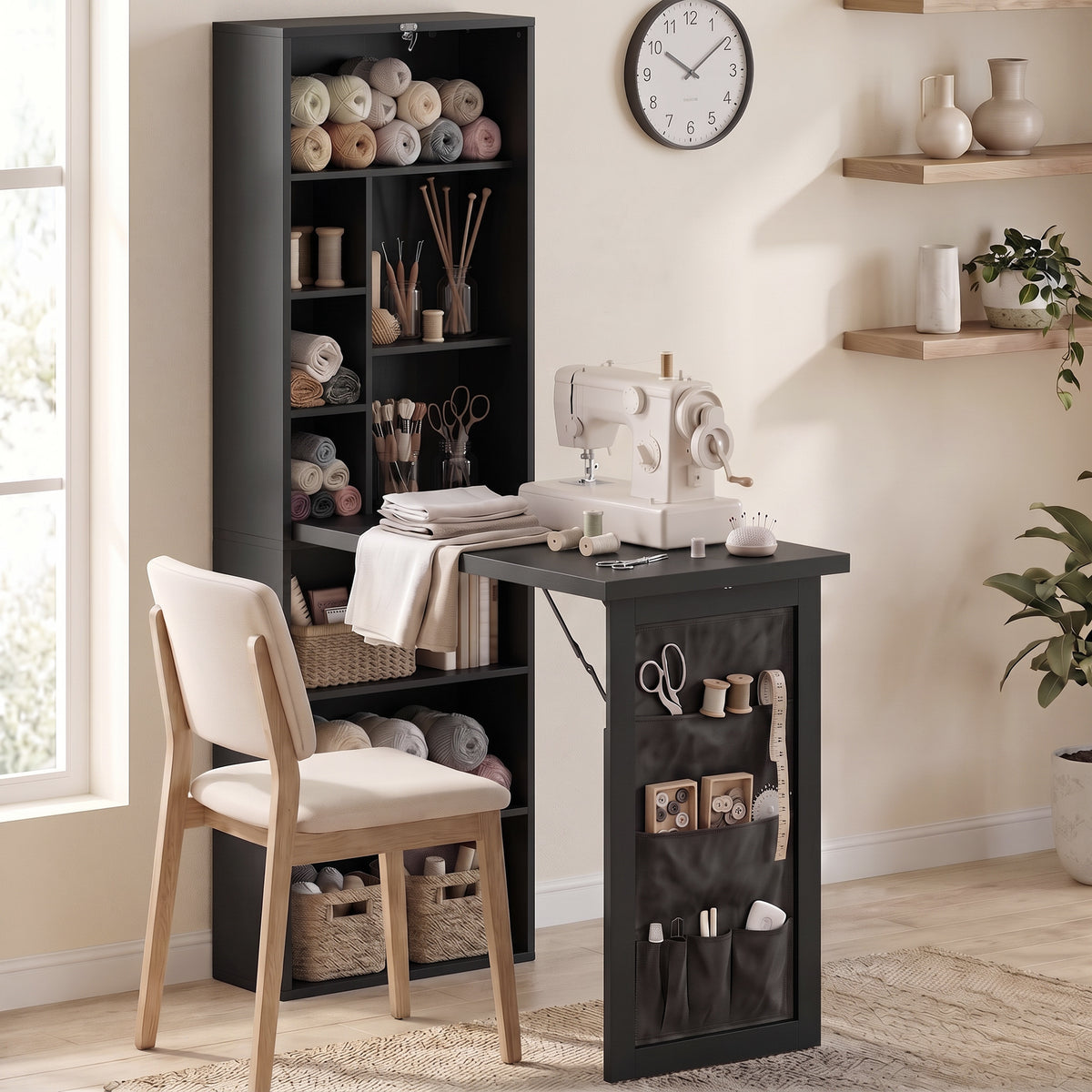 Foldable Convertible Writing Table with Storage Shelves, Bag, Wall-Mounted Space-Saving Computer Desk, Black