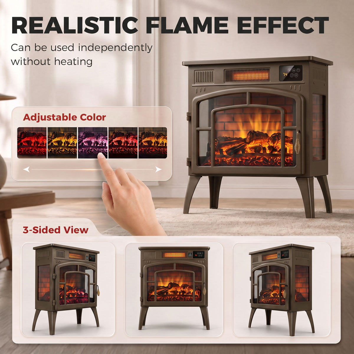 3-Sided Glass WiFi Electric Fire Heater, Smart Electric Fireplace Stove, Brown