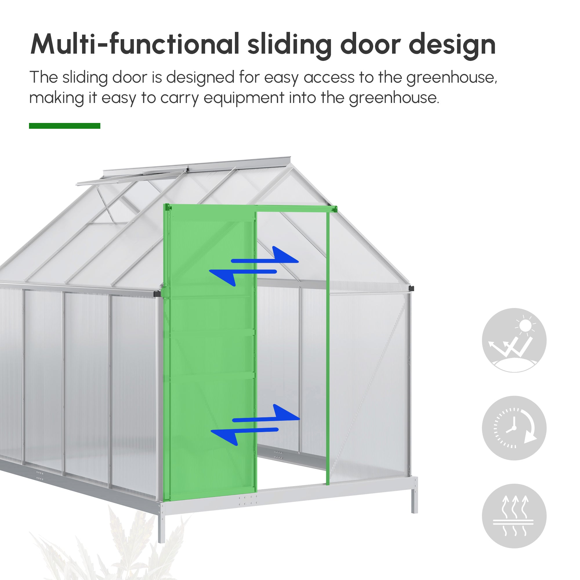 8' x 6' Aluminum Outdoor Greenhouse, Polycarbonate Walk-in Garden Greenhouse Kit with Adjustable Roof Vent, Rain Gutter and Sliding Door for Winter, Silver - Silver - Image 4
