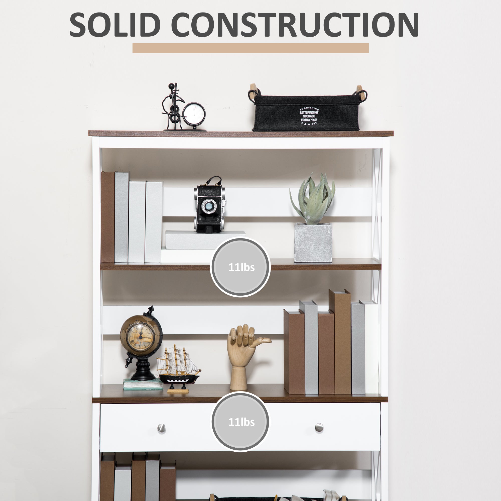 4-Tier Shelving Bookcase Storage Cupboard with Pull Out Drawer, and Wooden Frame with X Bar Stability, White