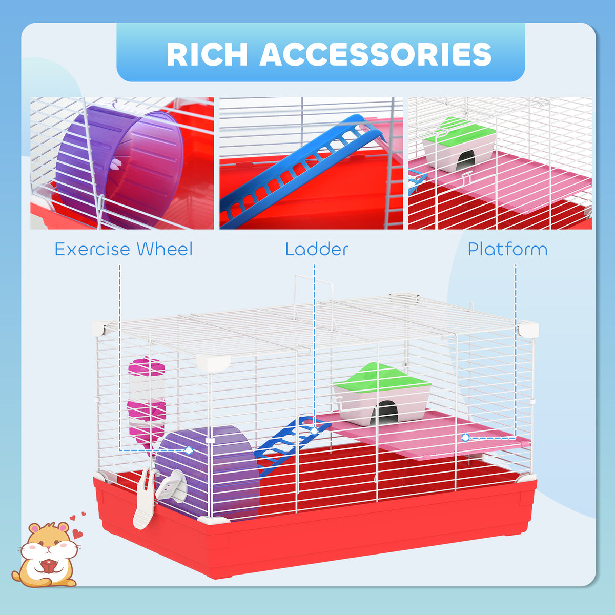 18.5" Hamster Cage with Exercise Wheel and Water Bottle, Dish, Rat House and Habitat 2-Story Design, Red