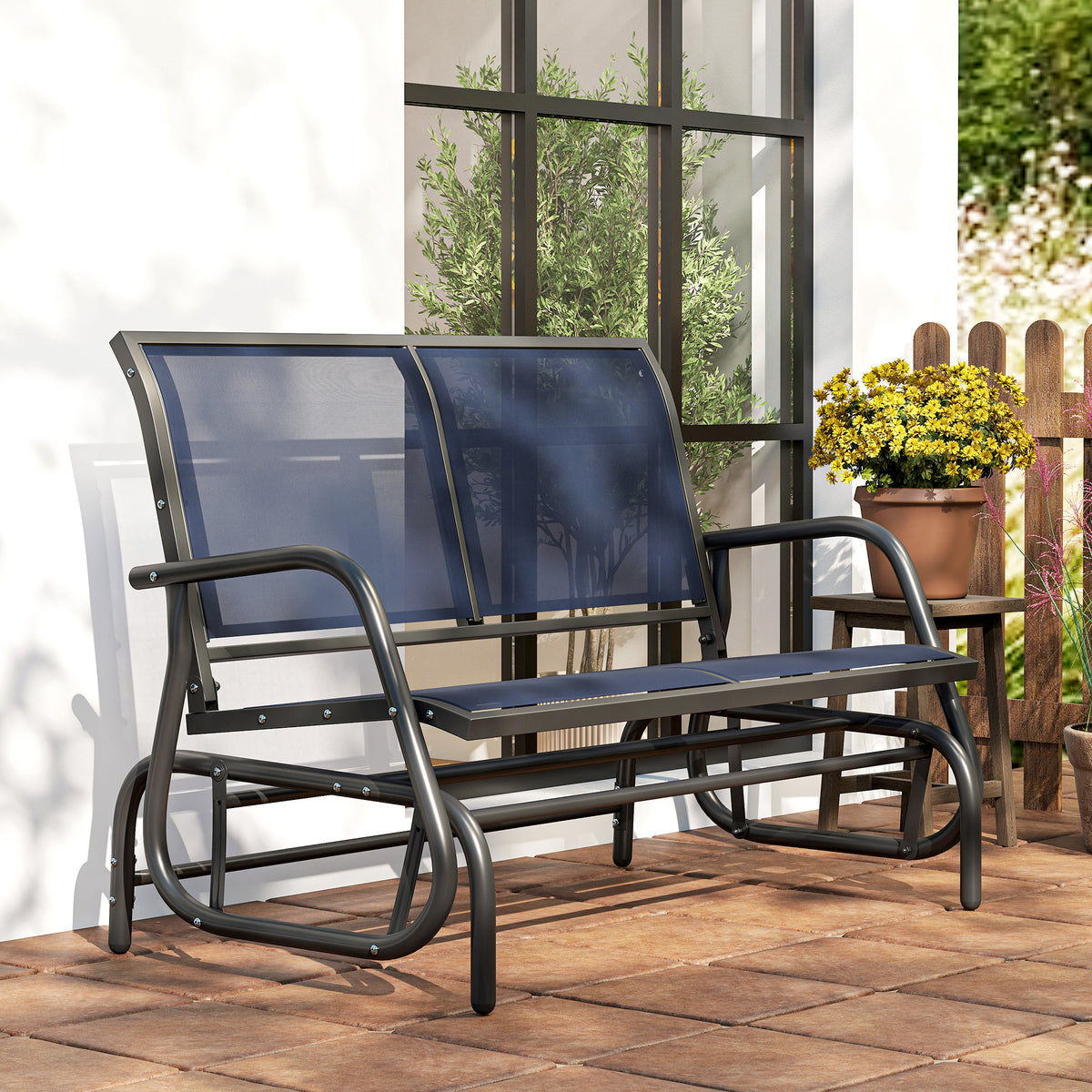 2-Person Outdoor Glider Bench, Patio Double Swing Rocking Chair Loveseat with Steel Frame, Dark Blue