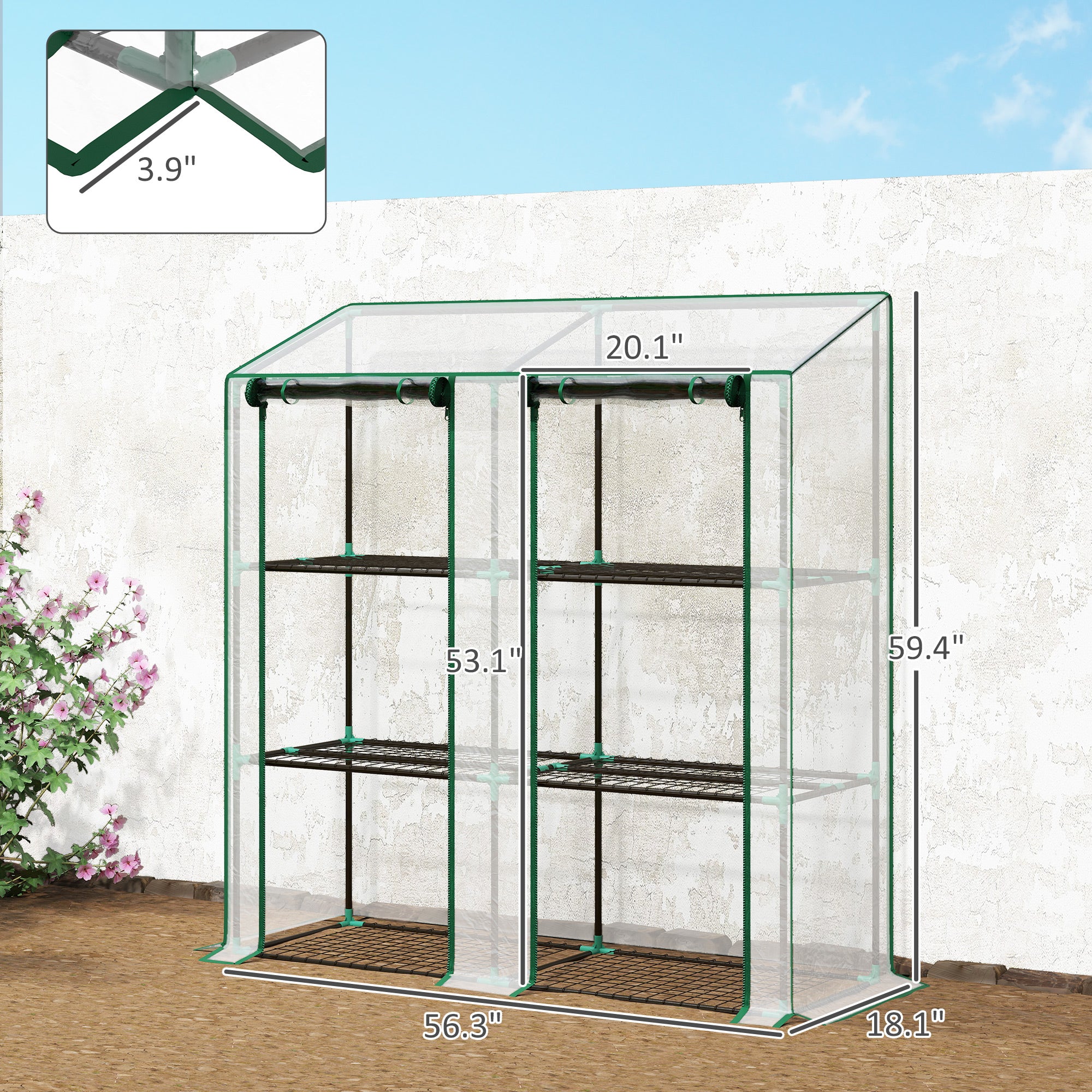 Lean-to Greenhouse, Portable Greenhouse with 3 Tier Shelves, 2 Roll-Up Zippered Doors, 56.3" x 18.1" x 59.4", Clear - Clear - Image 3
