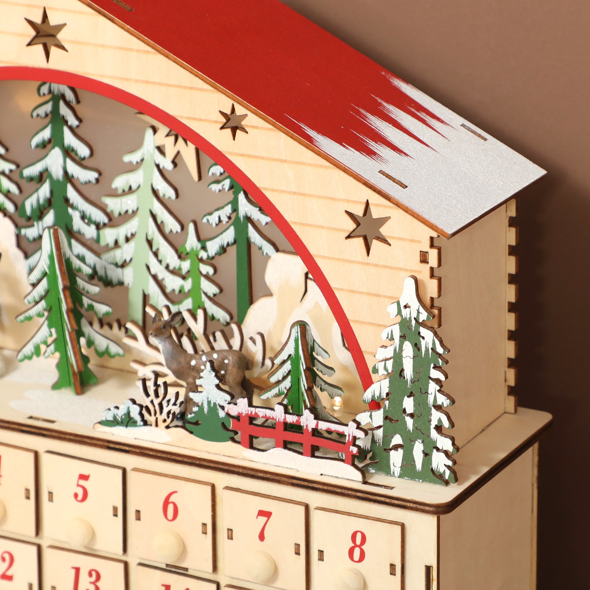 Christmas Advent Calendar with 24 Countdown Drawers and LED Lights, Wooden Advent Calendar House, Battery Operated