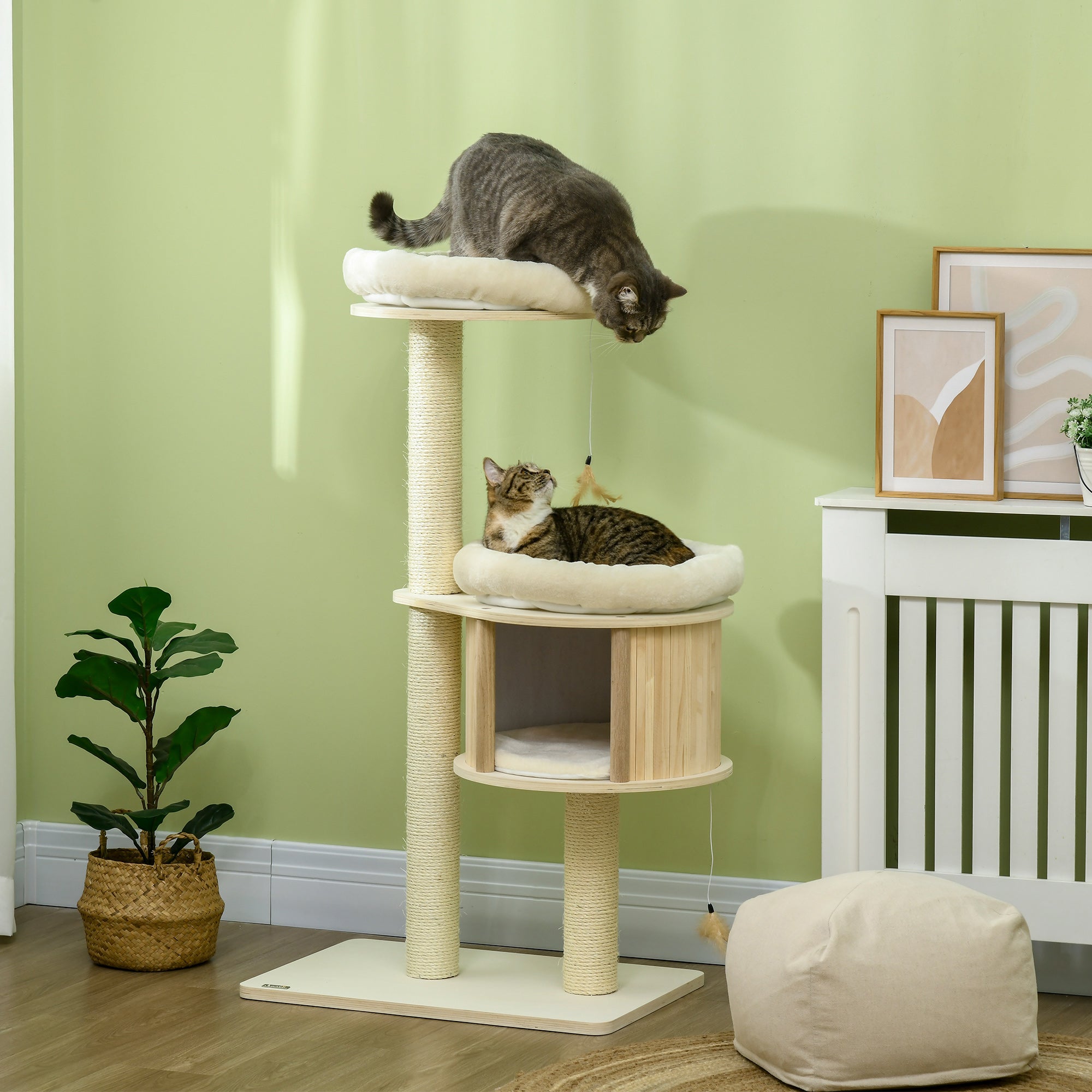 Cat Tree, 3 Level Cat Tower with Scratching Posts, Bed, Condo, Badminton Toys, for Multiple Kittens - Natural - Image 2