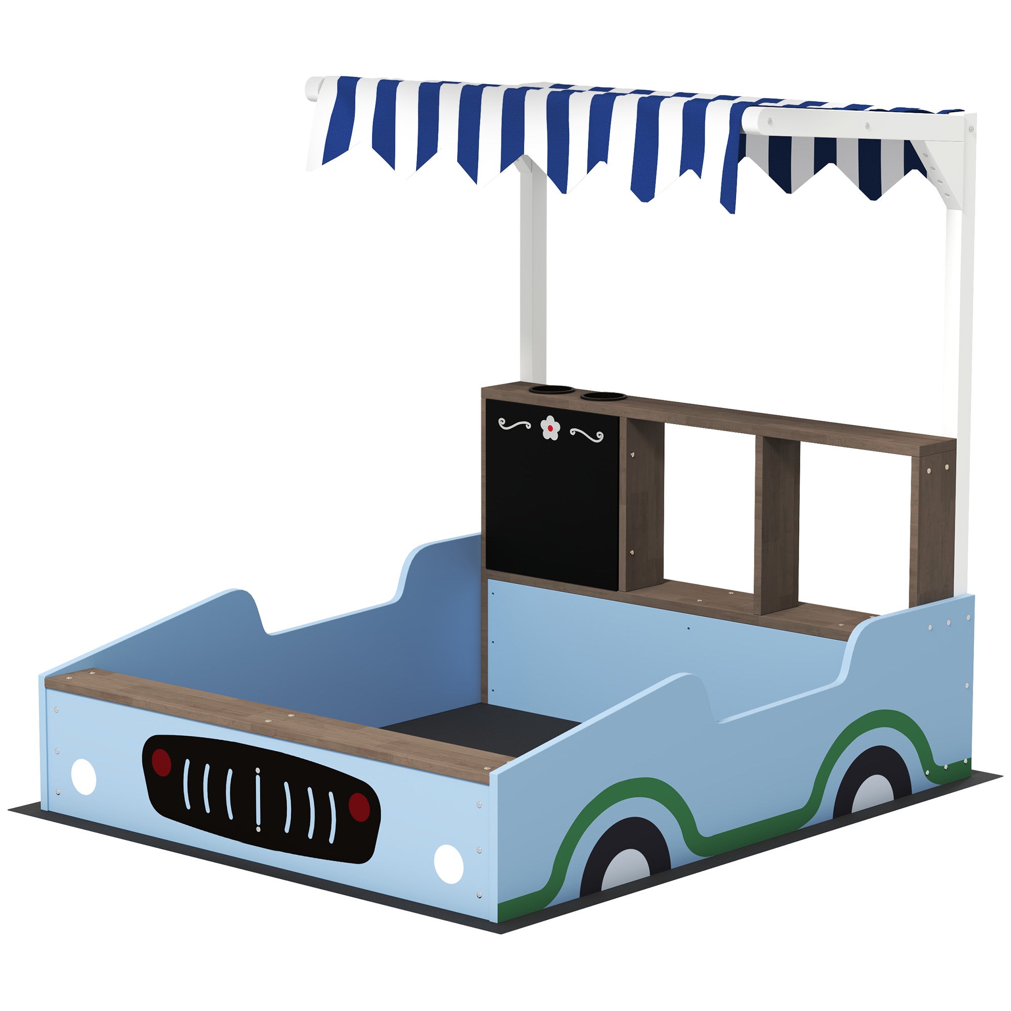 Kids Wooden Sandbox with Canopy with Bench Seats, Bottom Liner, Drawing Board, Planting Boxes for Backyard, Garden, Blue