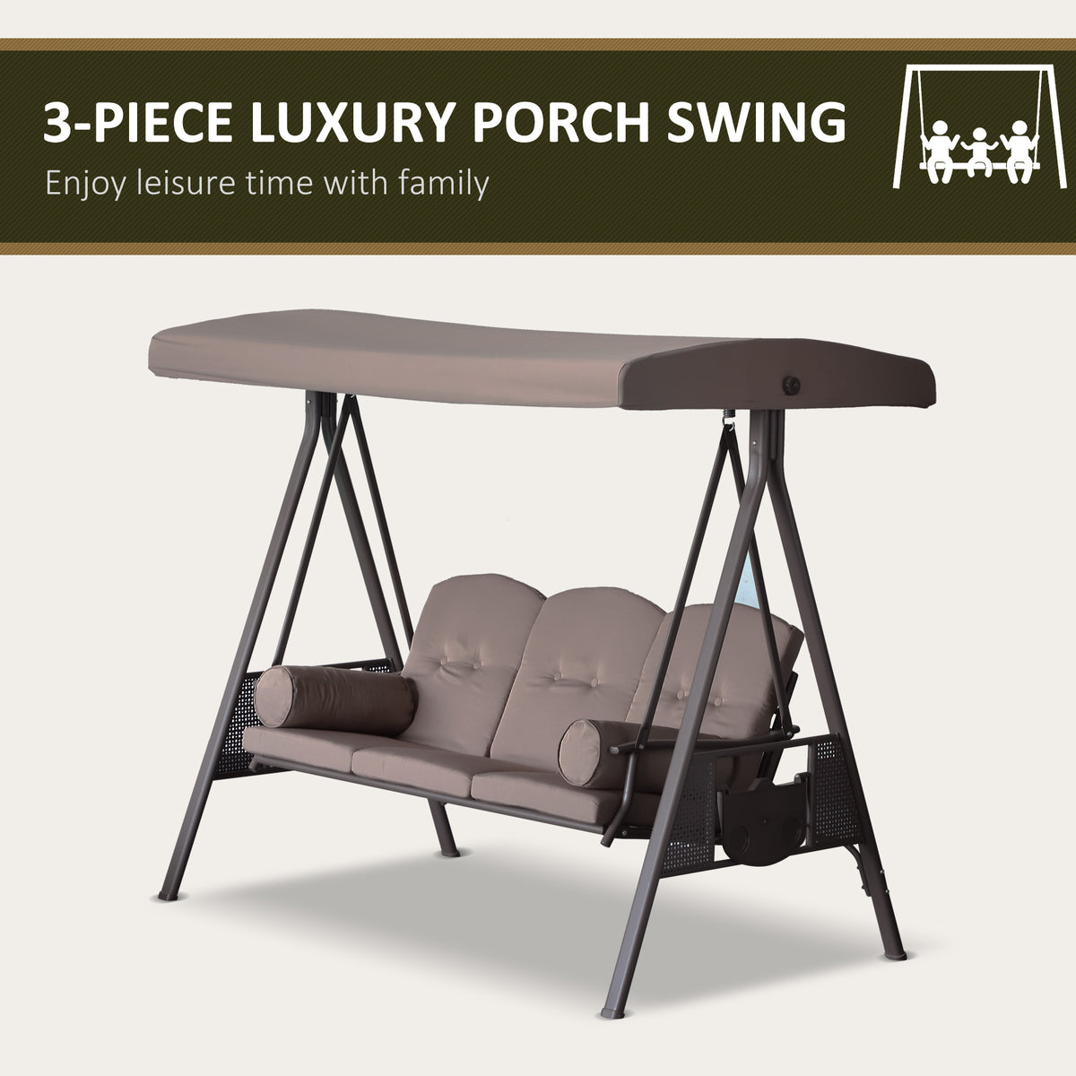 3-Seat Patio Swing Chair, Outdoor Porch Swing Glider with Adjustable Canopy, Removable Cushion, Pillows and Side Trays, for Garden, Poolside, Backyard, Brown