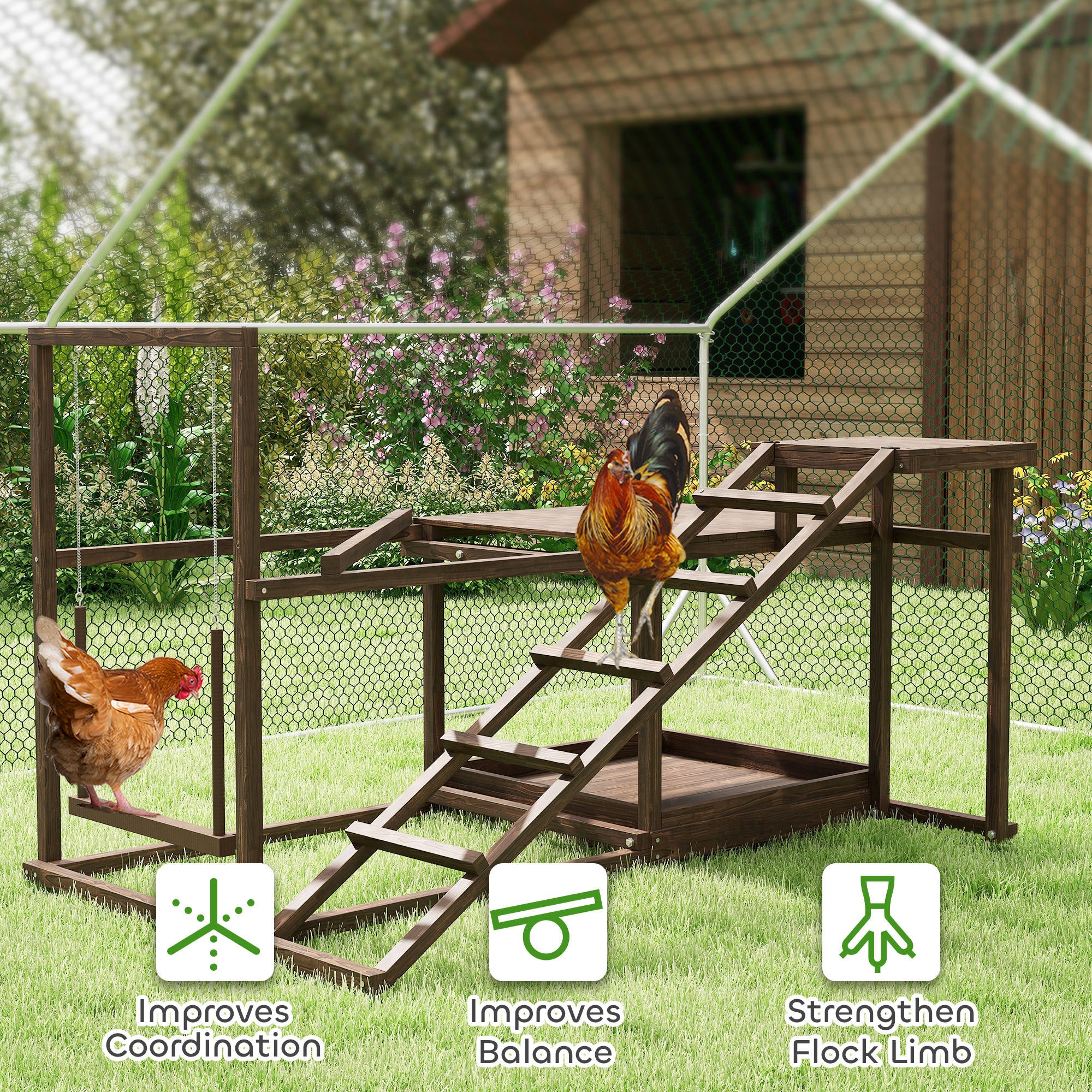 Wooden Chicken Activity Play Set with Perch, Swing, Ladder, Platforms, Feeder Storage, Coffee - Coffee - Image 7
