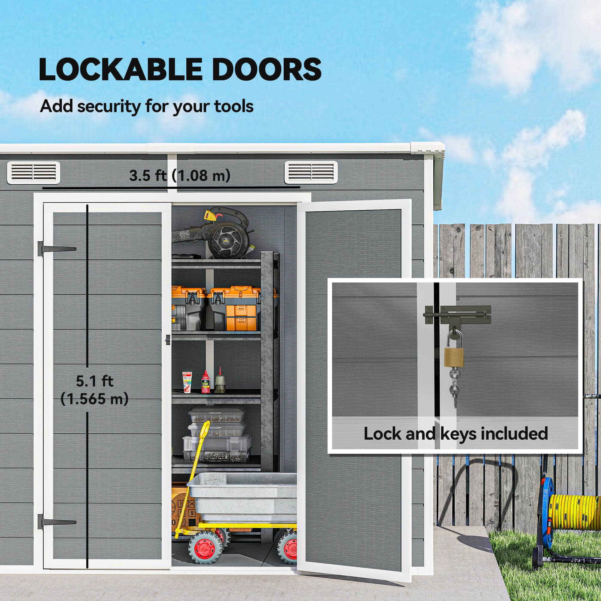 8' x 4' Plastic Outdoor Storage Shed with Floor, Window, Lockable Doors and Vents for Backyard Patio Lawn, Gray - Gray - Image 8