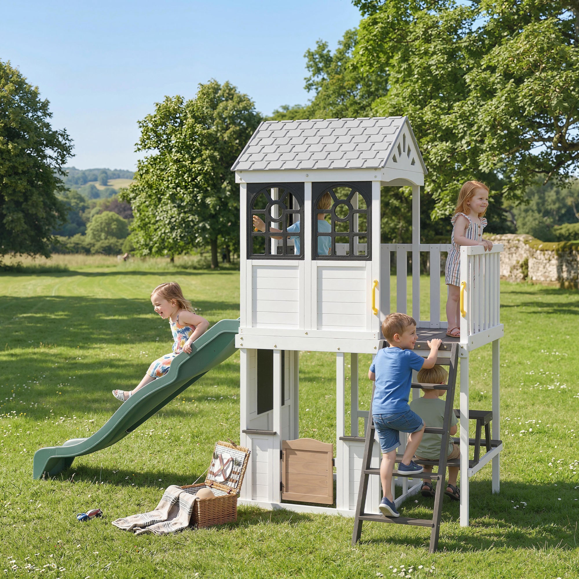 Two-Story Outdoor Playhouse, Wooden Kids Playhouse with Slide, Table & Bench, Play Kitchen, Ladder, Blackboard, White