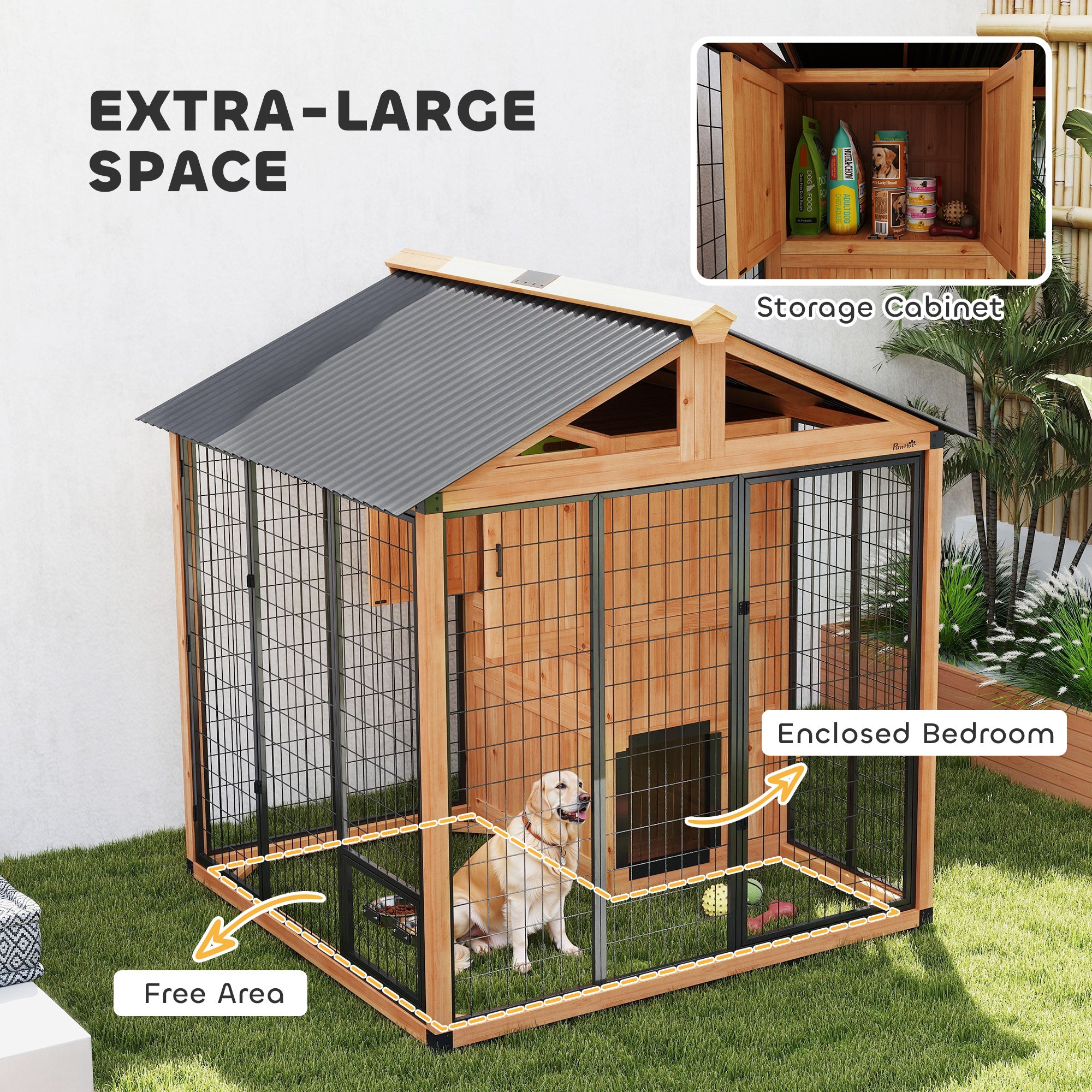7' x 6' Extra Large Dog House, Wood Outdoor Dog Kennel with Storage Cabinet, Stainless Steel Bowls, Light Yellow - Yellow - Image 6
