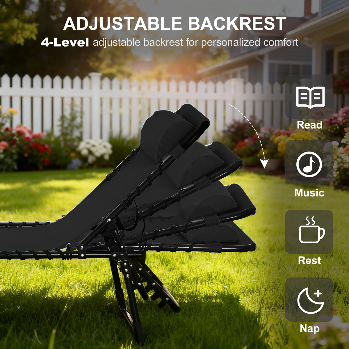 Folding Chaise Lounge Pool Chair with 4-Position Reclining Back, Pillow, Breathable Mesh & Bungee Seat, Black