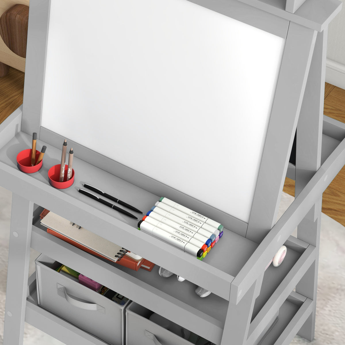 Qaba Double Sided Easel for Kids, Standing Toddler Easel with Paper Roll, Magnetic Whiteboard, Chalkboard & Storage, Gray