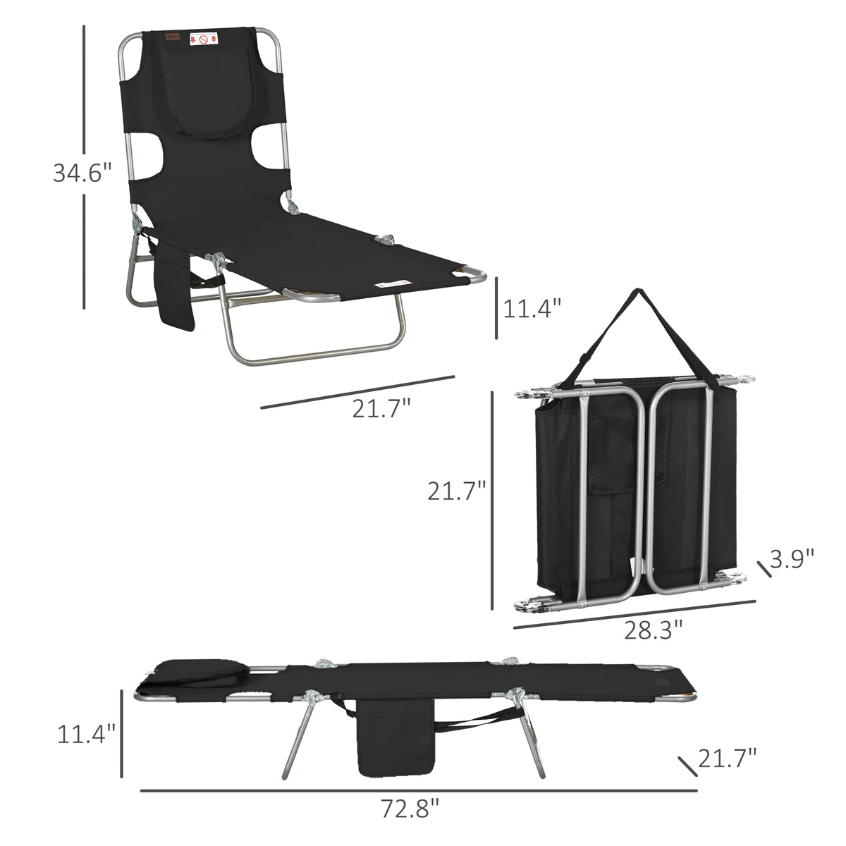 Tanning Chair with Face Hole, 5-Level Adjustable Outdoor Chaise Lounge Chair with Pillow for Beach, Pool, Black