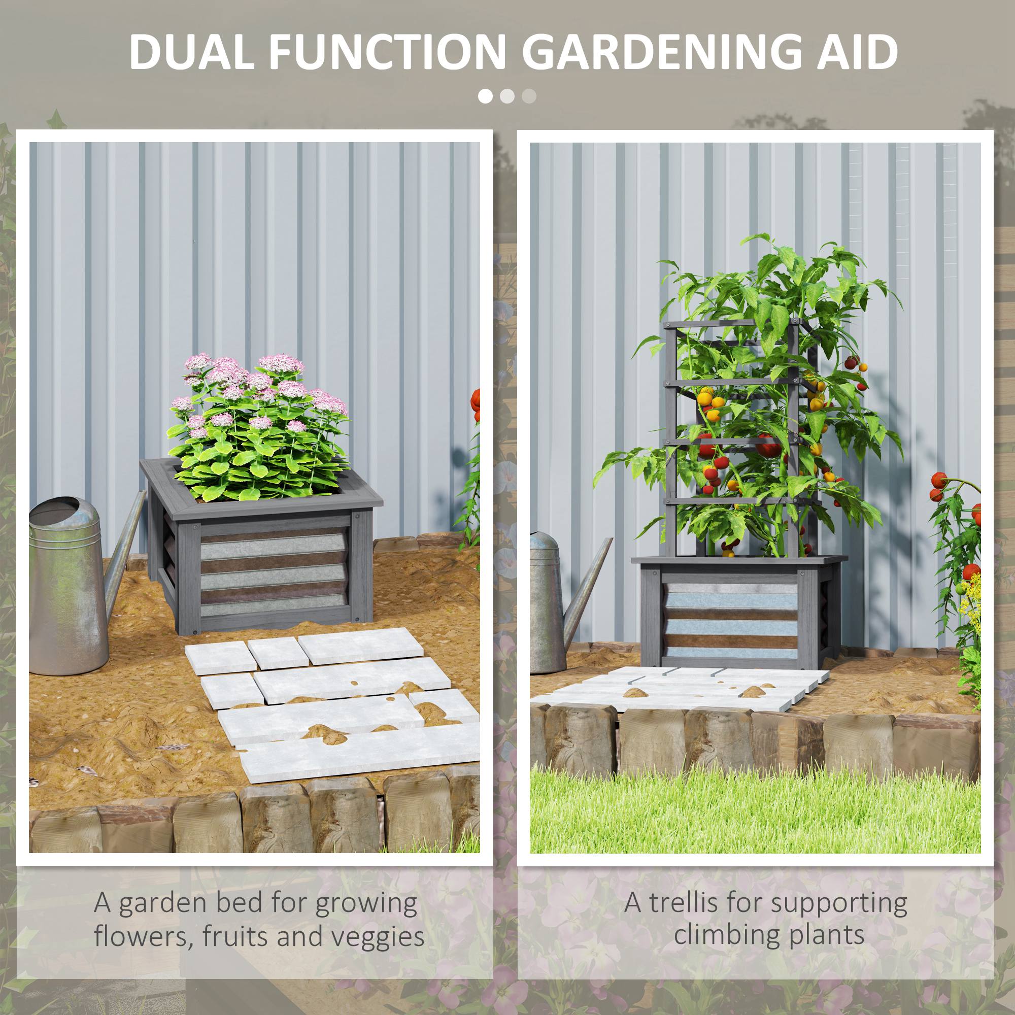 Wooden Raised Garden Bed with Trellis, Galvanized Planter Box Elevated Garden Bed for Garden, Patio, Gray - Gray - Image 4