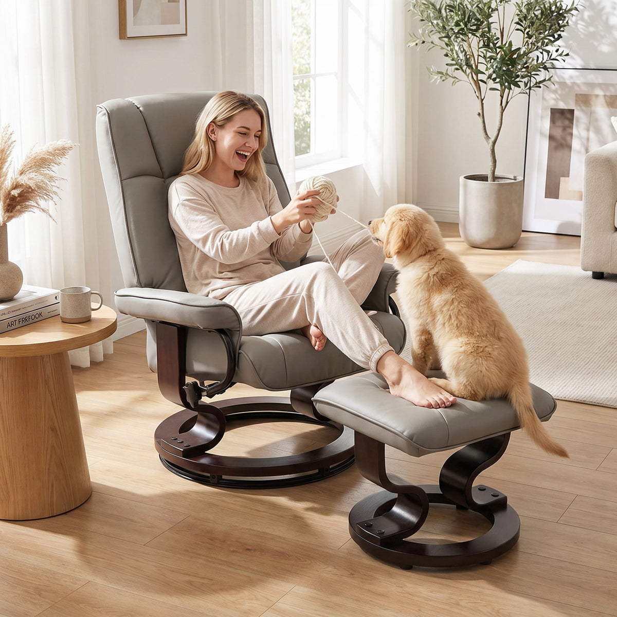 Faux Leather Reclining Chair with Ottoman, Manual Recliner with Tufted Back and Wood Frame for Living Room, Gray