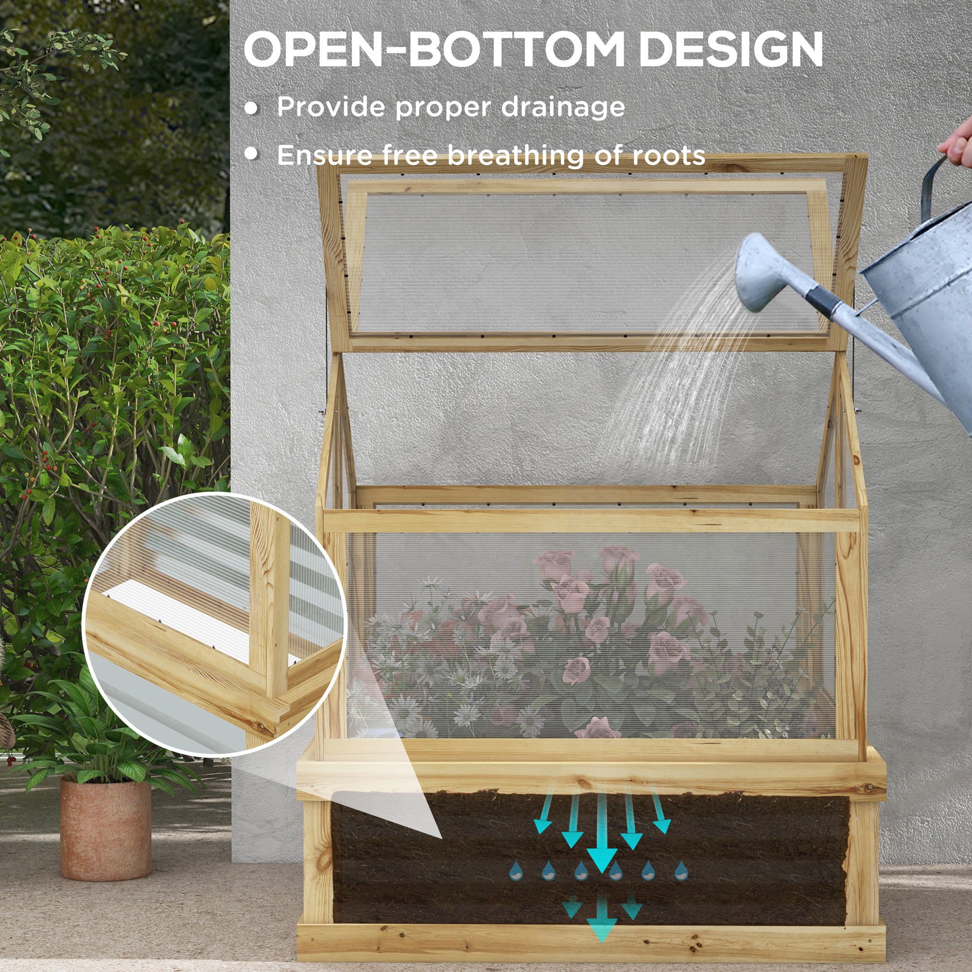 Raised Garden Flower Bed Kit with Greenhouse, Wooden Cold Frame Planter, 35.5" x 31.5" x 36", Natural - Natural Wood - Image 5