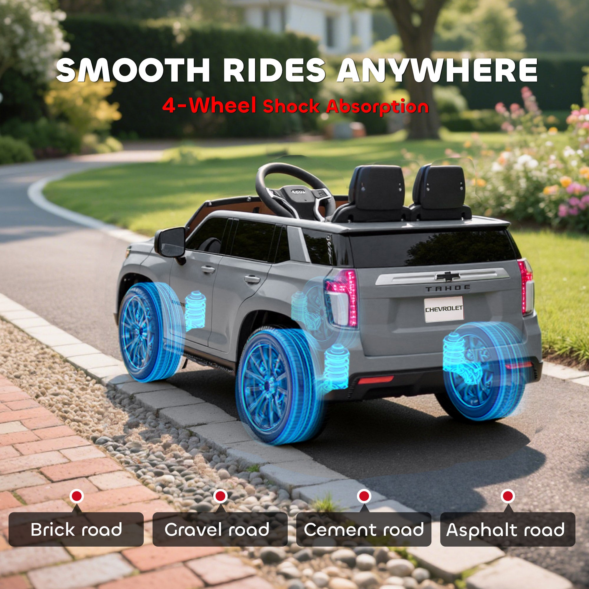 Licensed Chevrolet Tahoe Ride On Car, 12V 7AH Battery Power Ride On Toy with Parent Remote Control, LED Lights, Music, 4 Wheeler Suspension, 3 Speeds, Kids Electric Vehicle for Aged 3+, Gray