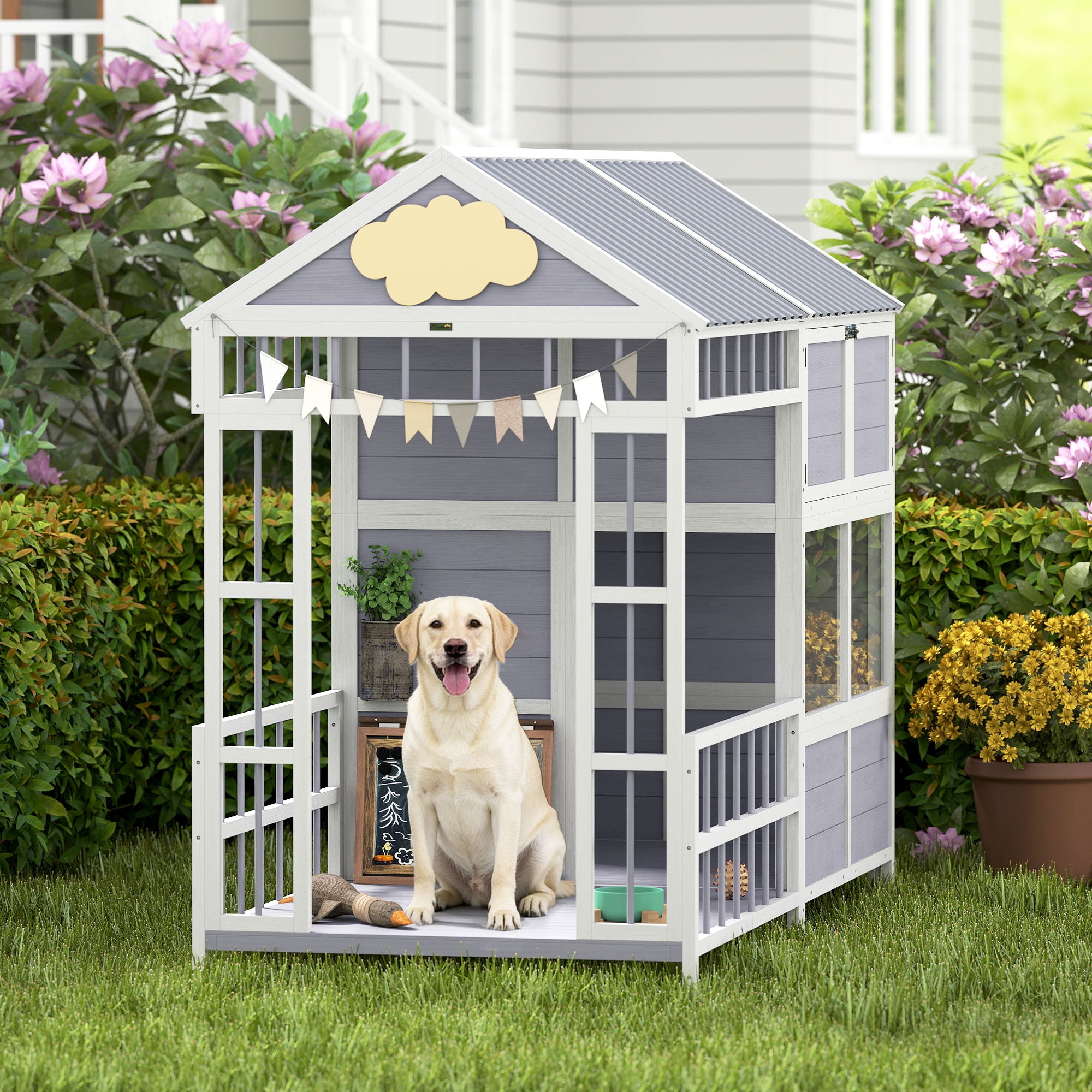 79"L Large Dog House Outdoor, Wooden Dog Kennel with Porch, Storage Cabinet,Weatherproof Roof, Windows - Gray - Image 2