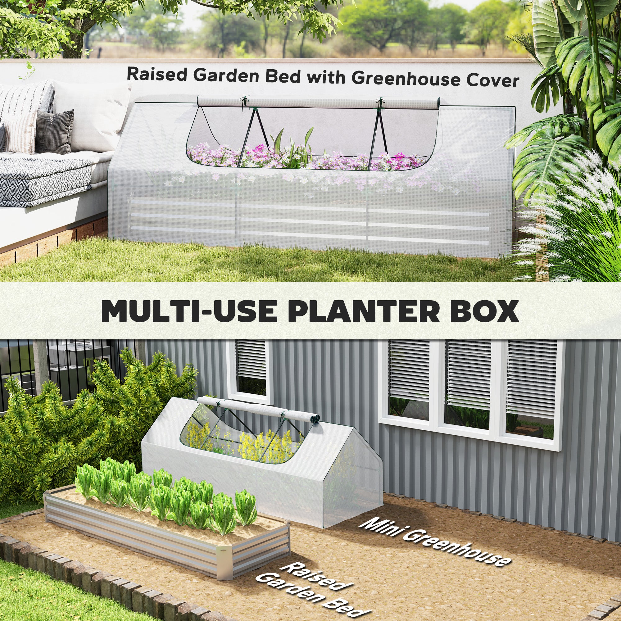 8.6 x 3 x 1ft Raised Garden Bed with Mini Greenhouse, Galvanized Raised Garden Bed with Cover for Herbs and Vegetables, Small Greenhouse for Patio Garden Balcony, White and Silver - White - Image 4