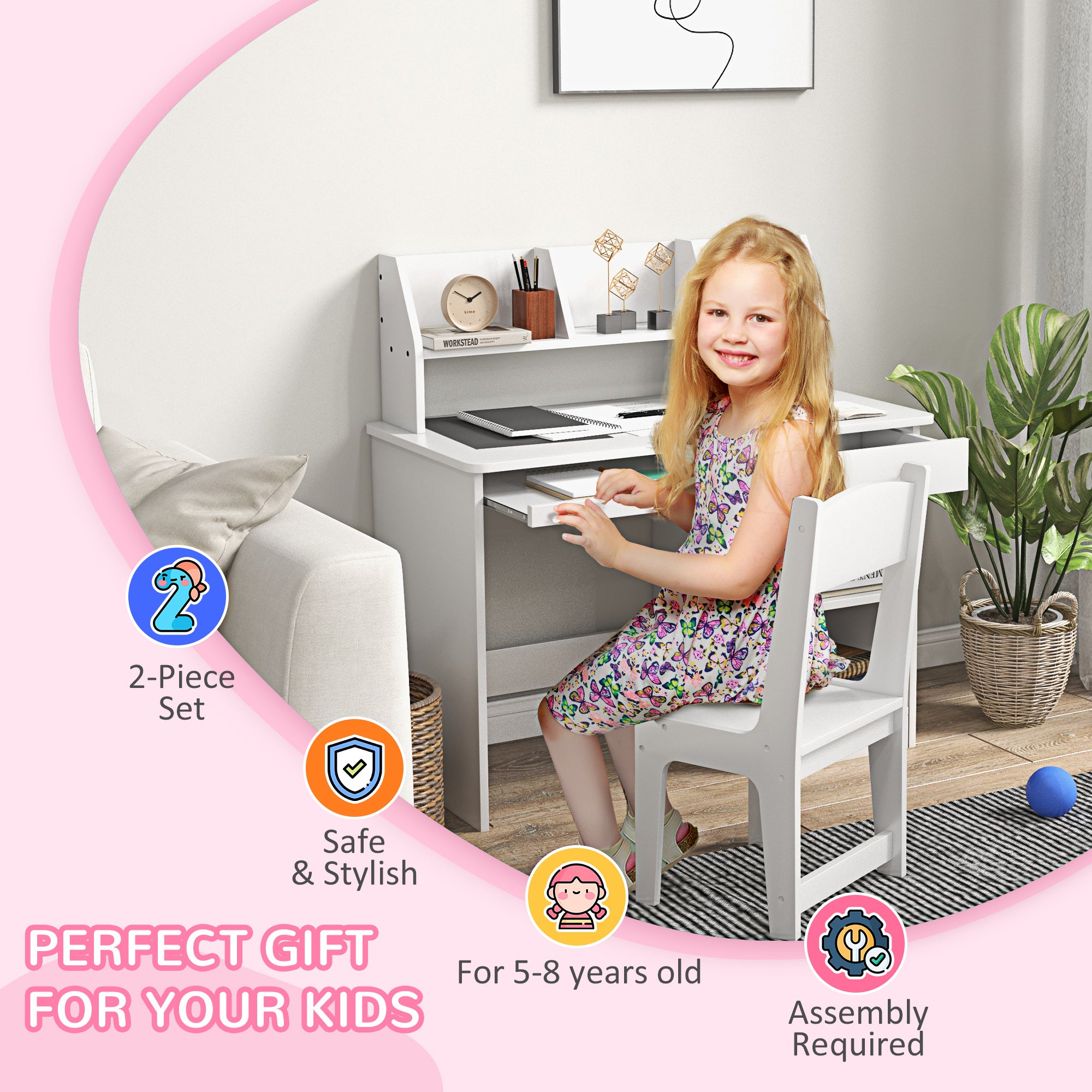 Kids Desk and Chair Set 5-8 Year Old with Storage, White