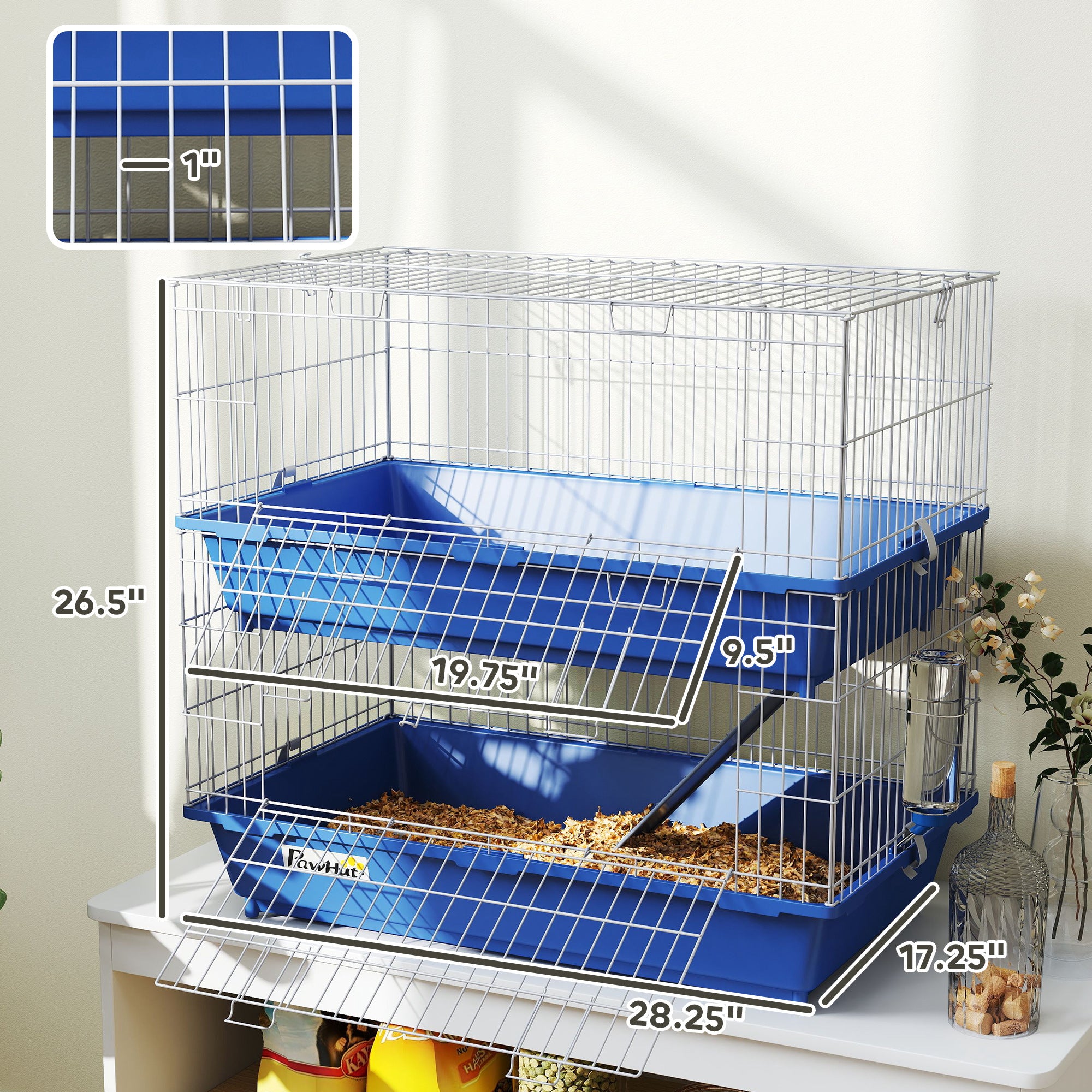 2-Tier Guinea Pig Cage, Ferret Cage, Chinchilla Cage, Small Animal Cage Indoor with Dish and Bottle, 2 Doors, Deep Bottoms, Ramp, 28", Blue - Blue - Image 3