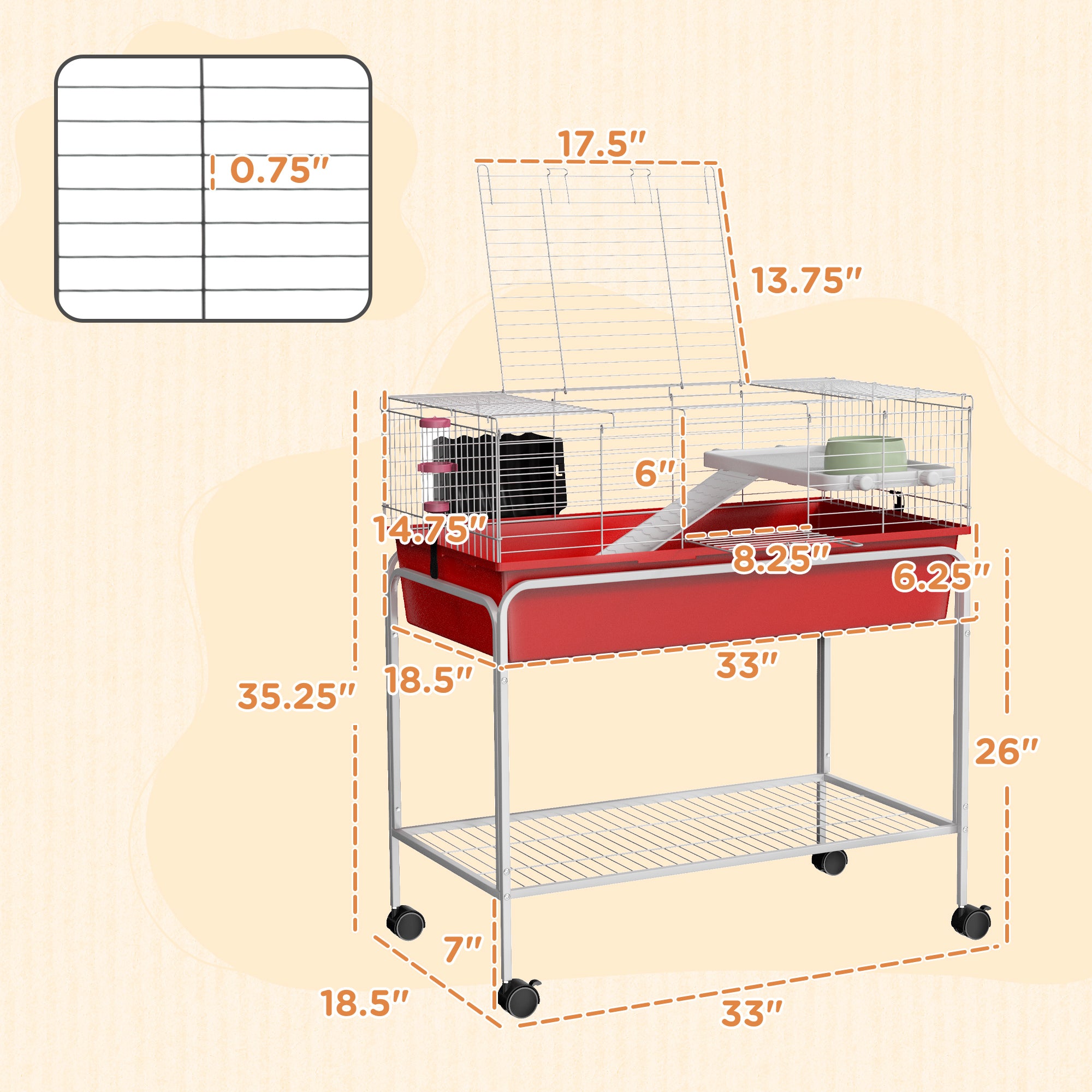 Two-Story Small Animal Cage Removable from Stand, Pet Habitat with Shelf & Wheels, 33" x 18.5" x 35", Red - Red - Image 3