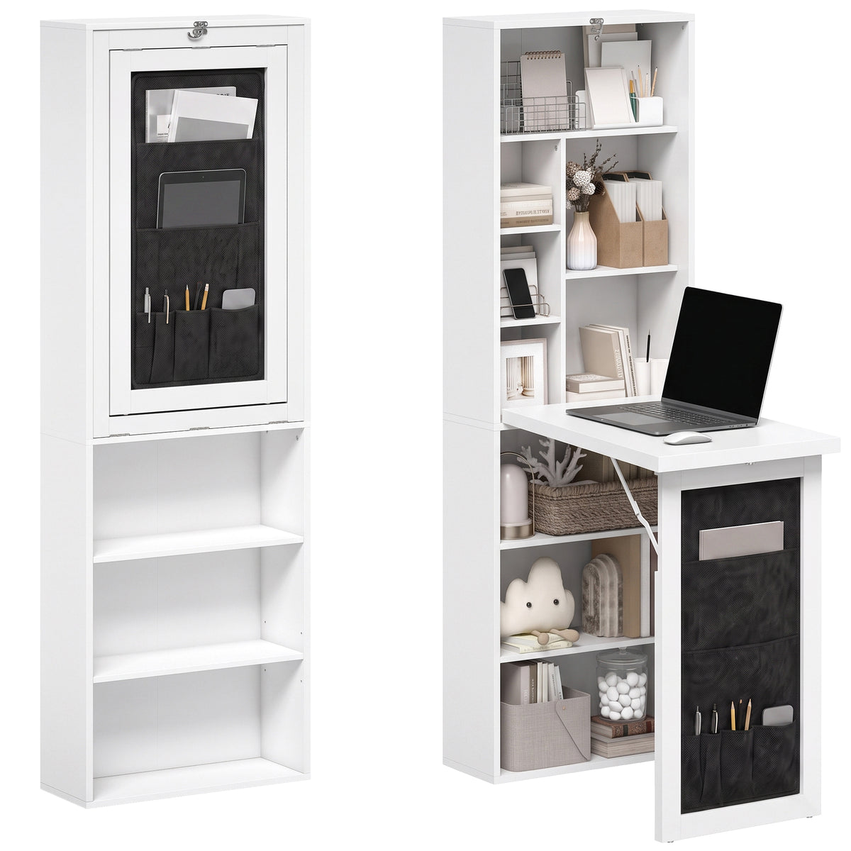 Foldable Convertible Writing Table with Storage Shelves, Bag, Wall-Mounted Space-Saving Computer Desk, White