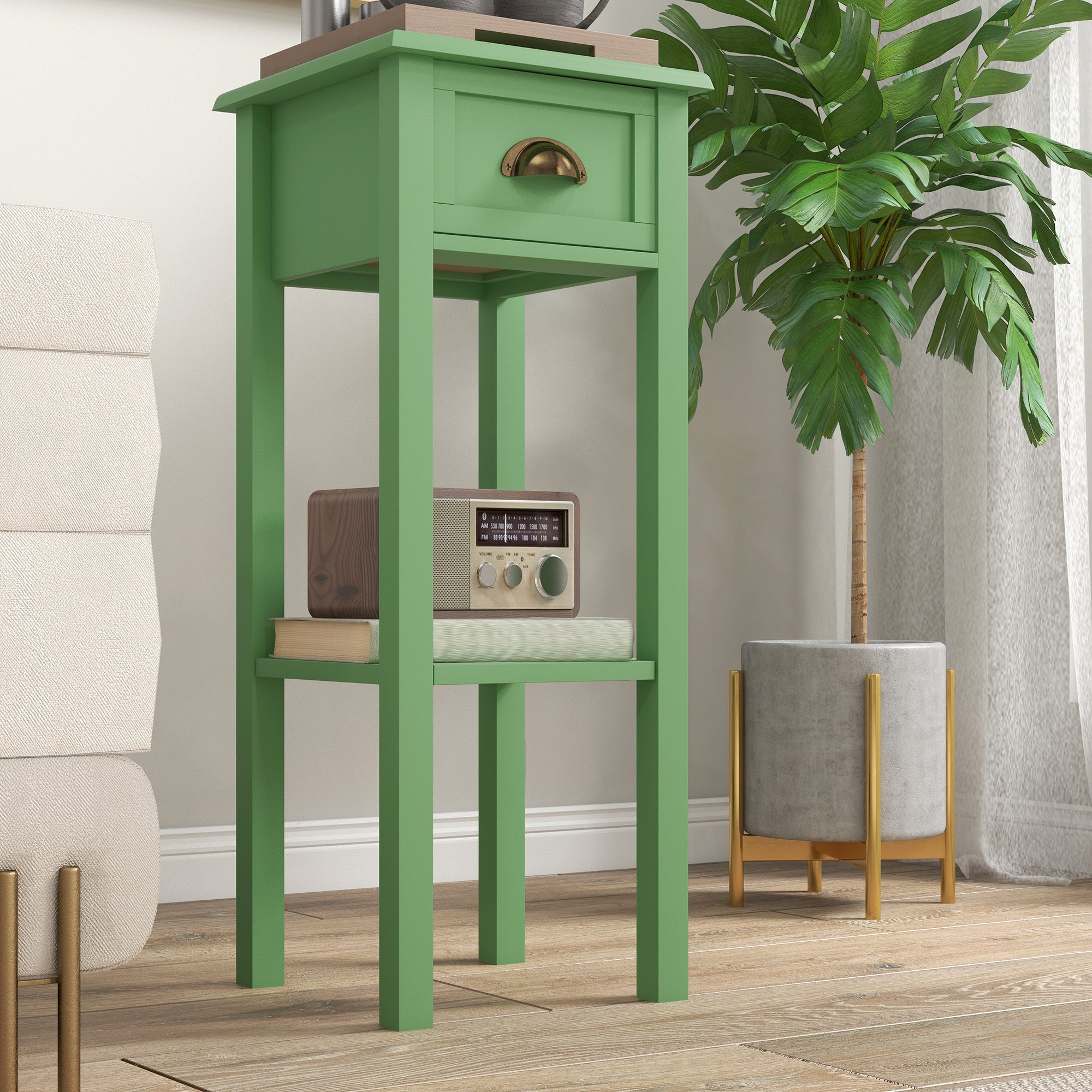 2-Tier Side Table with Drawer and Shelf, End Table for Living Room and Hallway, Green
