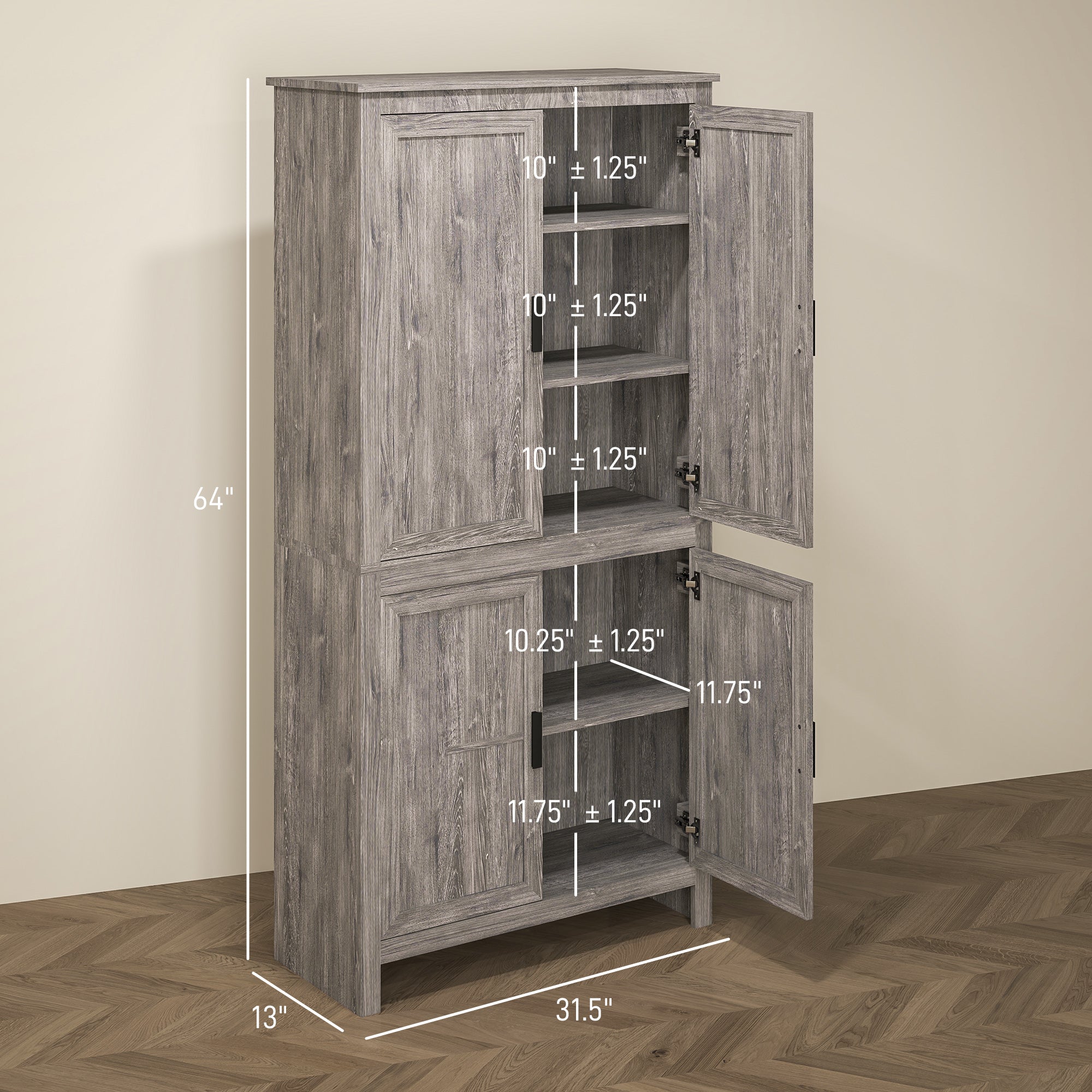 64" 4-Door Kitchen Pantry, Freestanding Storage Cabinet with 3 Adjustable Shelves for Kitchen, Gray Oak
