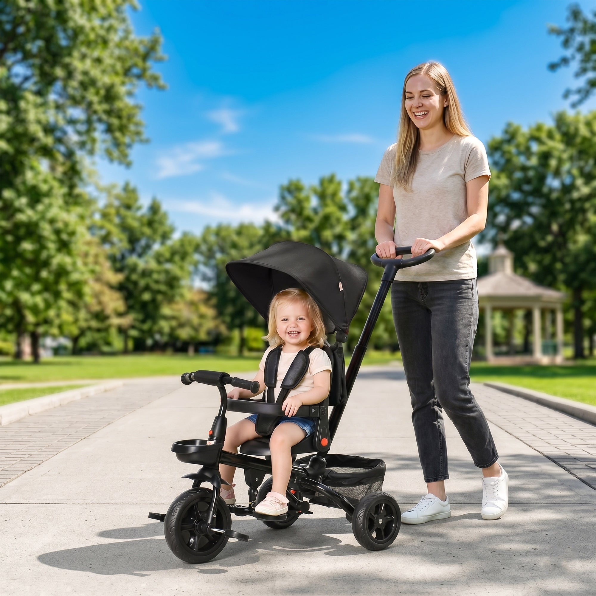 Kids Tricycle, 4 in 1 Foldable Trike with Reversible Seat, Adjustable Parent Handle, Safety Harness, Wheel Brakes, Removable Canopy, Storage, Tricycle for Toddlers 1-5 Years, Black