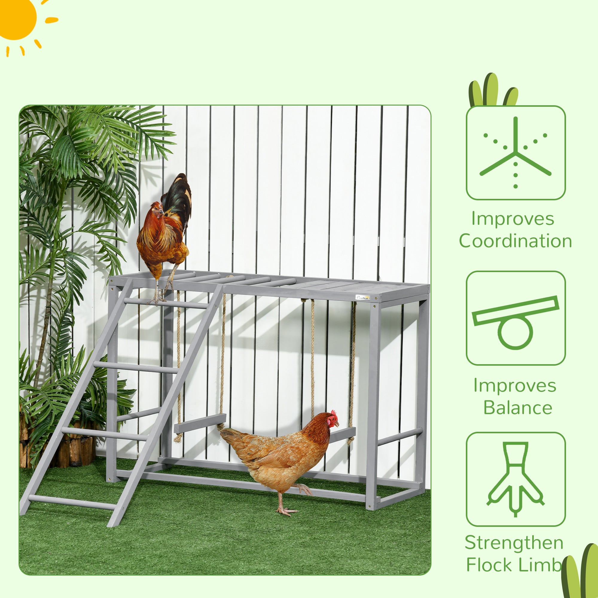 Chicken Activity Play with Swing Set for 3–4 Birds, Wooden Chicken Coop Accessory with Multiple Perches & Hen Ladder, Gray - Gray - Image 7