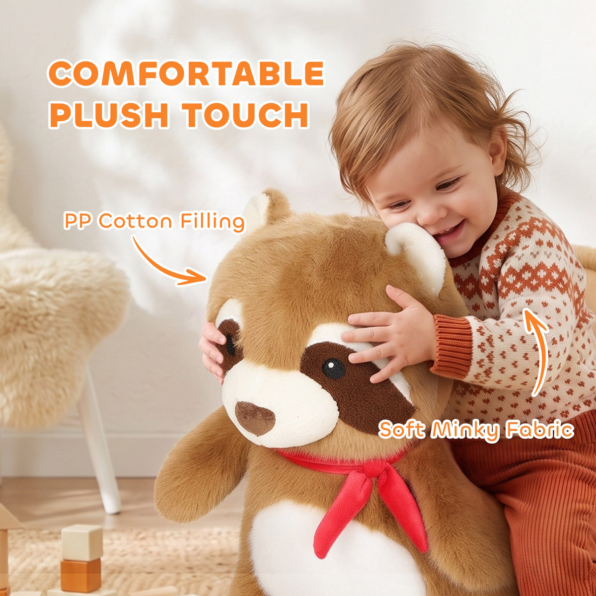 Raccoon Baby Rocking Horse, Kids Plush Ride-On Toy with Realistic Sounds and Safety Belt, Brown