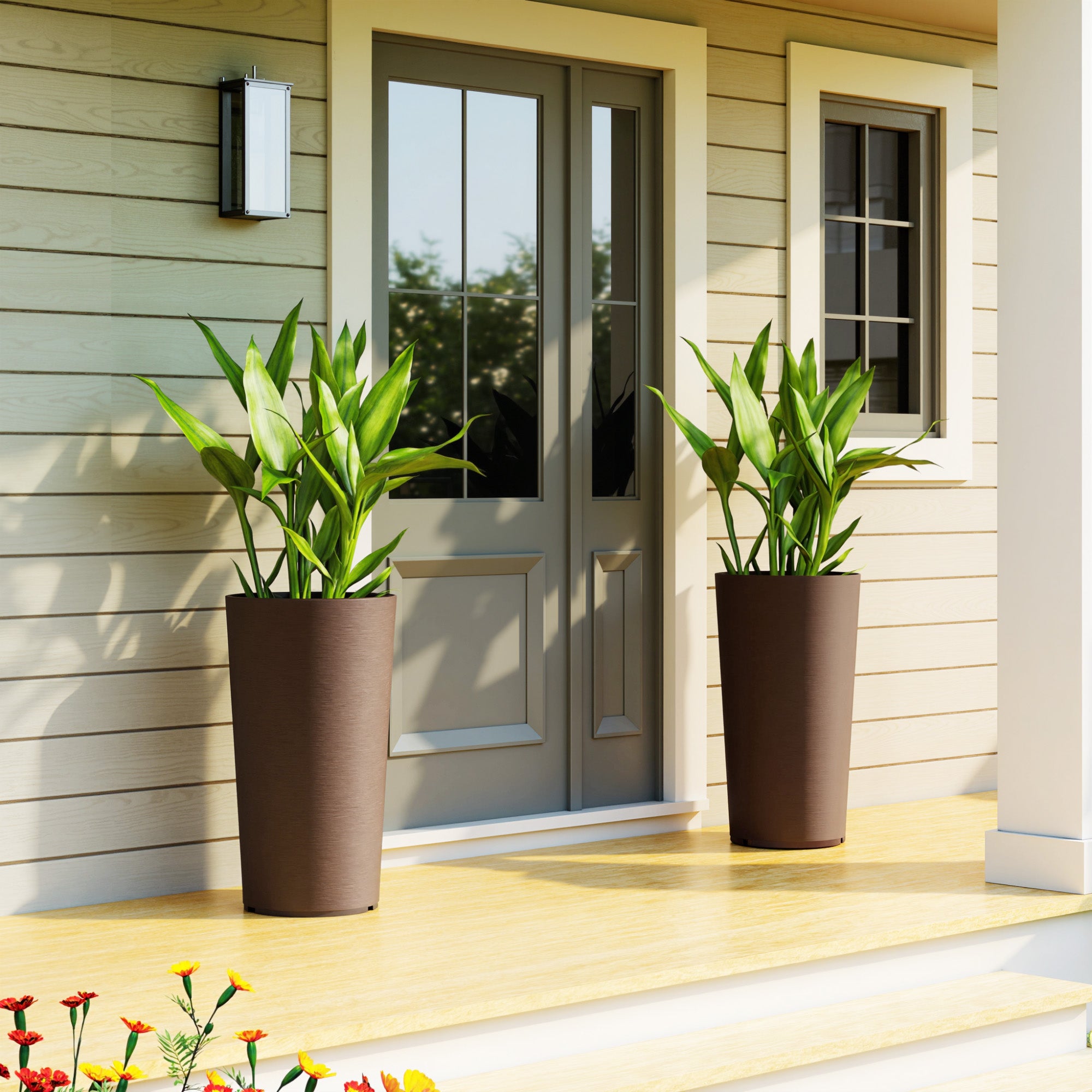 29 Inch Outdoor Planter, Set of 2 Plastic Flower Pots, Weather and UV Resistant Stackable Large Planters, Brown - Brown - Image 8