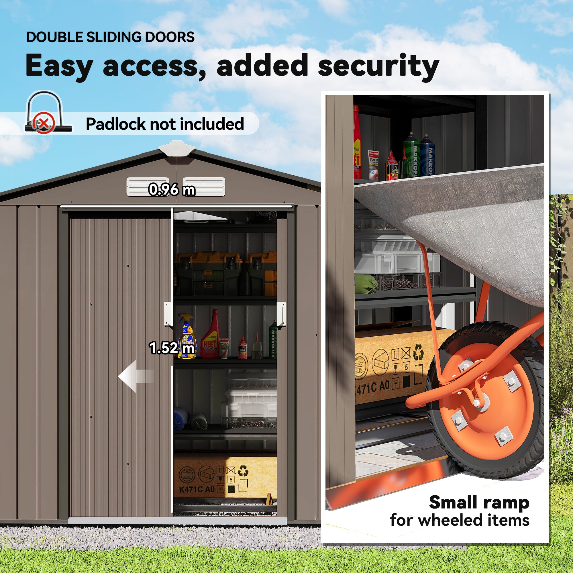 7x4 Storage Shed, Outdoor Garden Tool Shed with Foundation Kit, Vents & Sliding Doors for Backyard Patio, Brown - Brown - Image 5