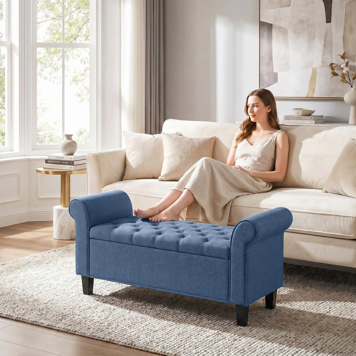 47" Storage Ottoman Bench, Tufted End of Bed Bench with Rolled Arms, Safety Hinge, Wood Legs for Bedroom, Blue