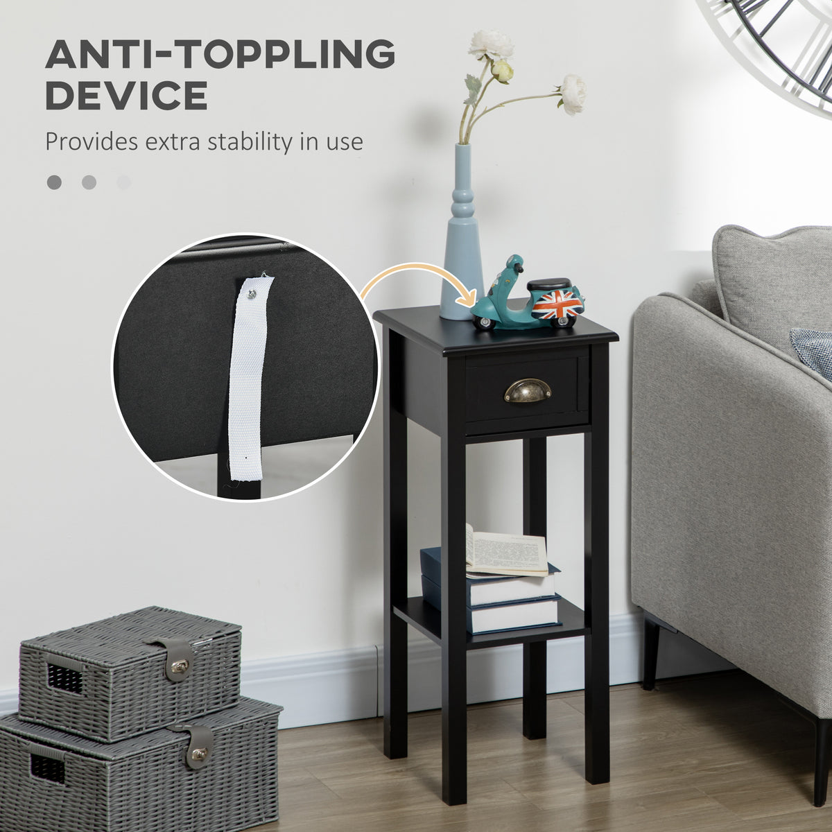 2-Tier Nightstand, Side Table with Drawer and Shelf for Living Room or Bedroom, Set of 2, Black