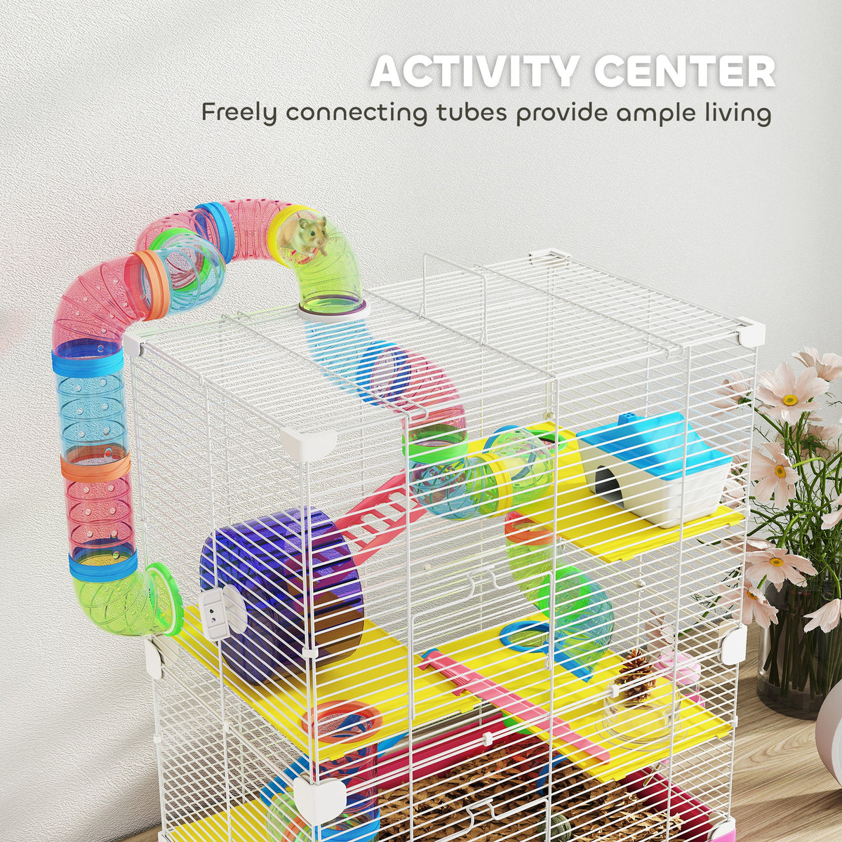 5 Tiers Hamster Cage Portable Animal Travel Carrier w/ Exercise Wheels Tube, Pink