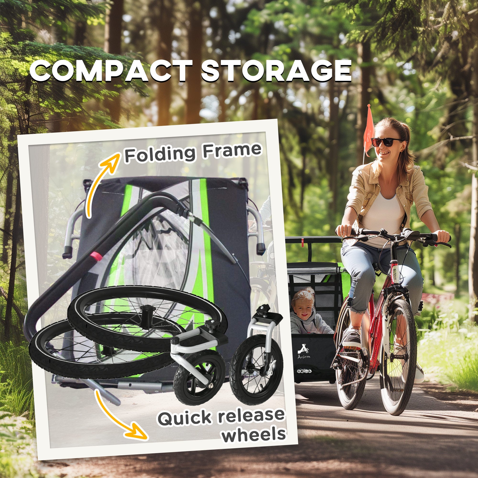 3-in-1 Bike Trailer for Kids, Running Stroller with 2 Seats, Jogging Cart with 5-Point Harness, Storage Units, Green