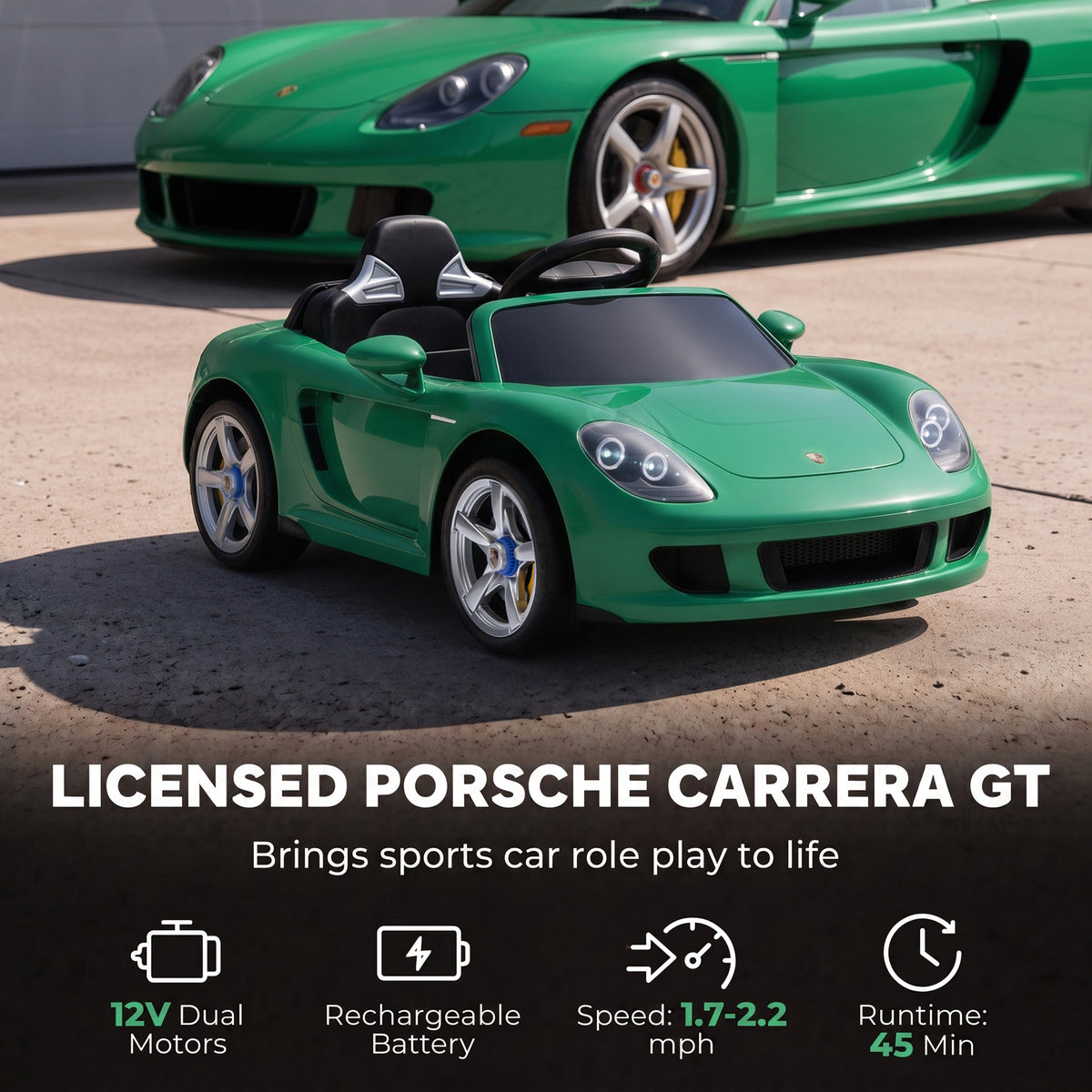12V Kids Ride On Car, Licensed Porsche Carrera GT with Remote, Rear Suspension, Smooth Start for Ages 3-6, Green