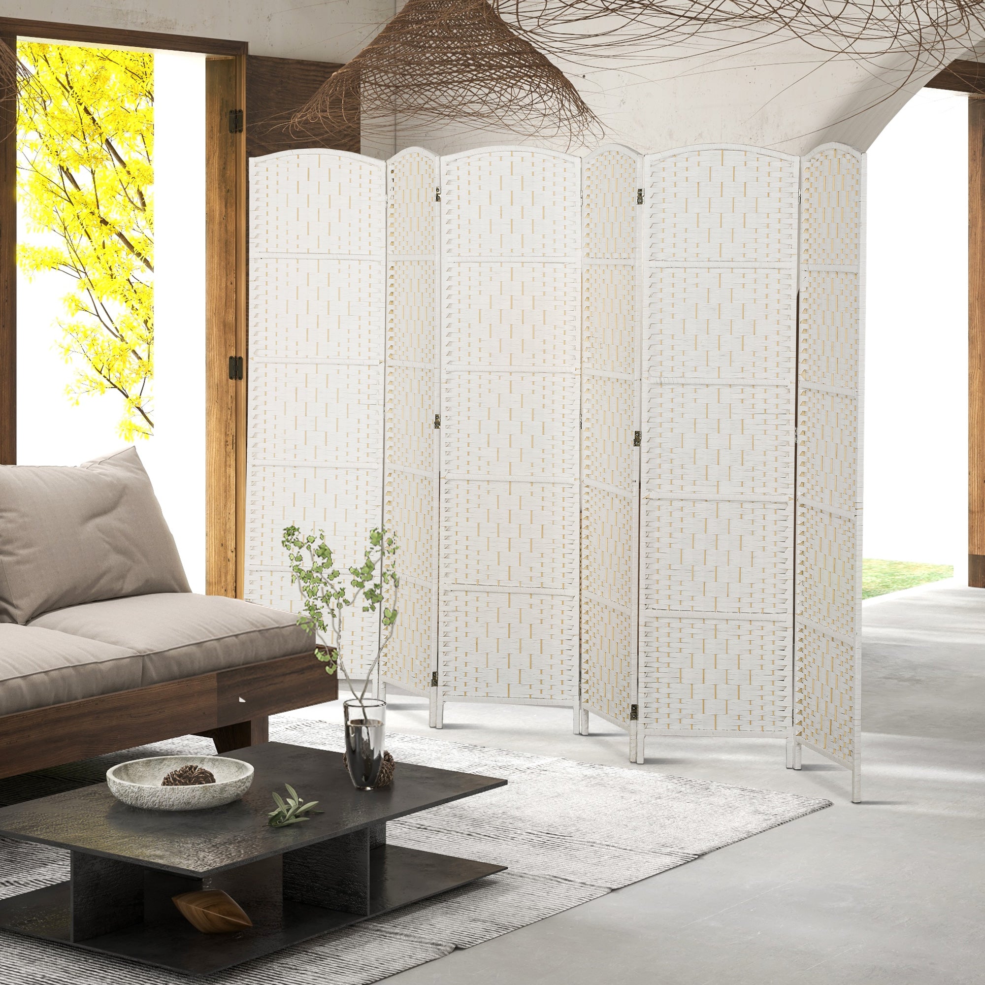 Room Divider, 6 Panel Folding Privacy Screen, 6FT Tall Portable Weave Partition Wall Divider for Bedroom, White