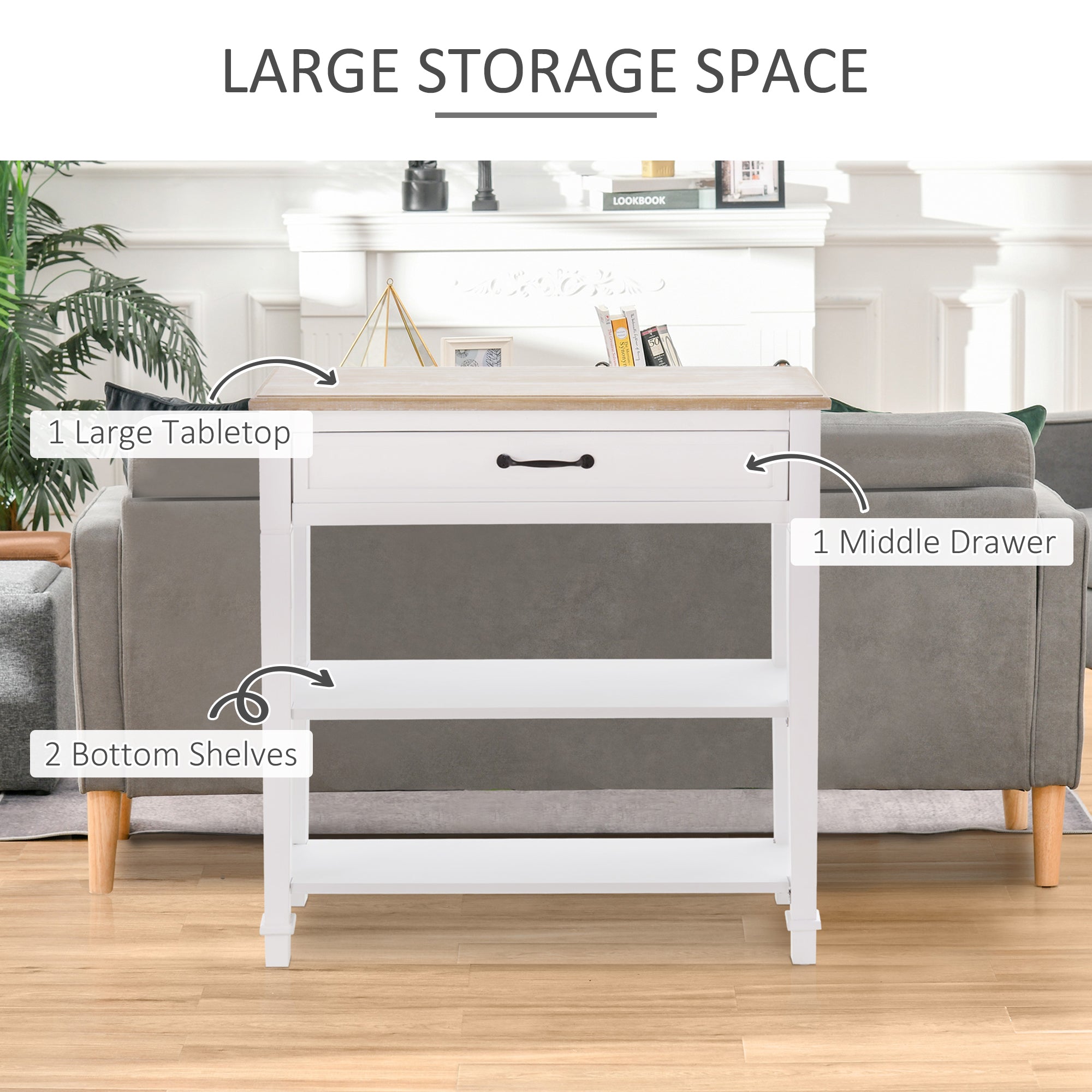 Modern Style Sofa Console Entry Hallway Table with Drawer and Shelves, Sturdy Build, and Large Storage, White