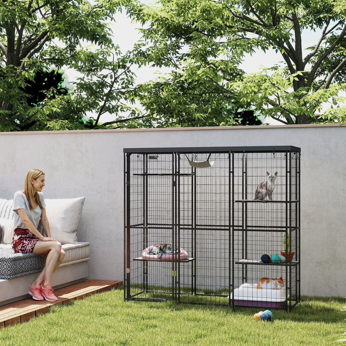 Weld Wire Catio Outdoor Indoor with Waterproof Cover, 4 Jumping Platforms, Hammock, for 1-3 Kittens, 69" x 22" x 62"