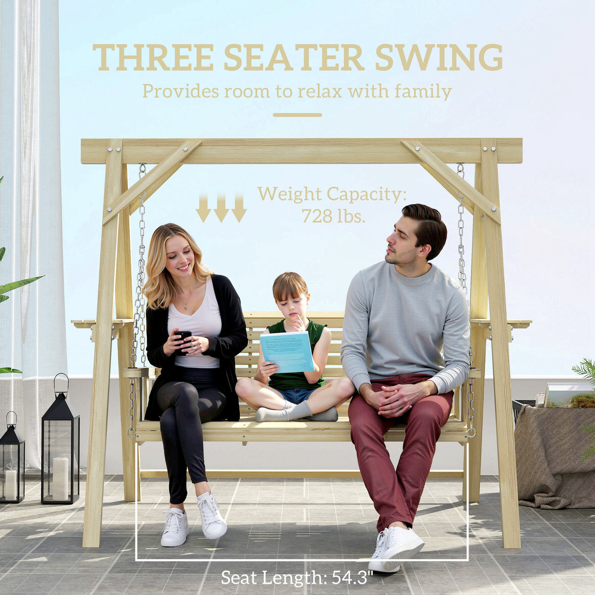 3 Seat Wooden Porch Swing with Stand, Patio Swing with Side Tables, for Garden, Poolside, Backyard, Natural Wood