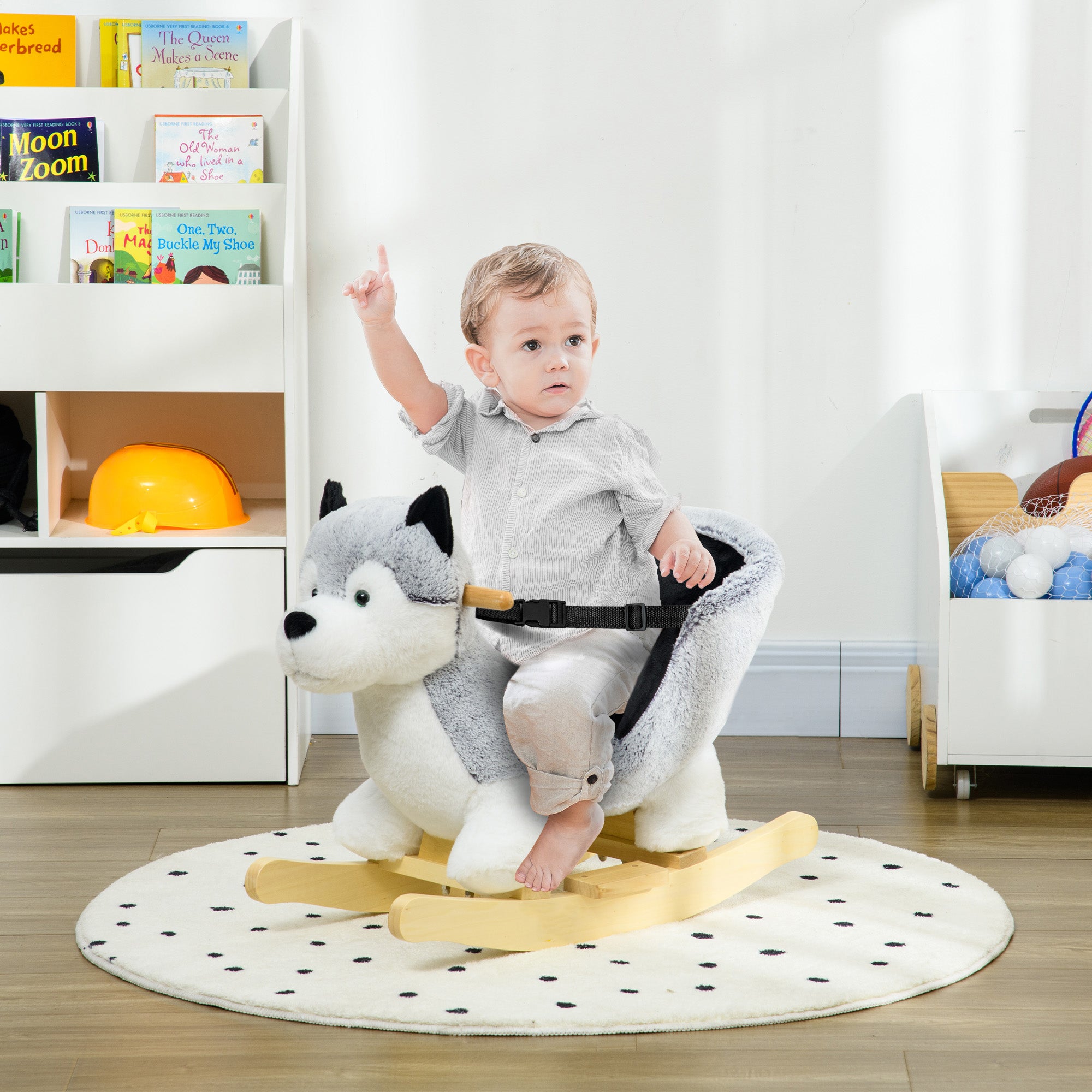 Toddler Rocking Chair Husky-Themed Rocking Animal with Wooden Base, Seat Belt for Kids 18-36 Months