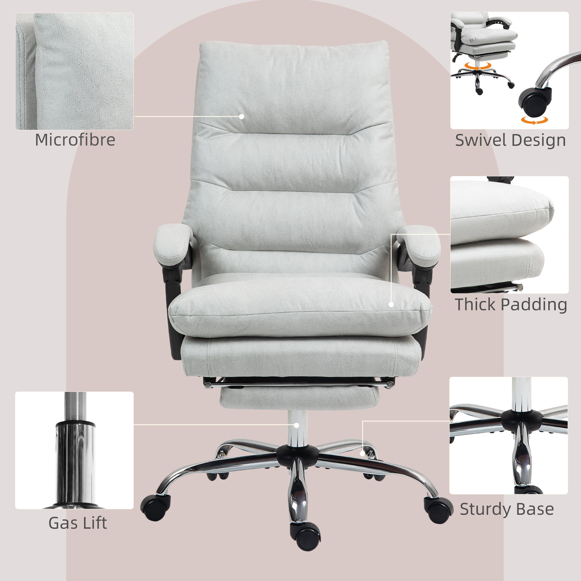 Microfibre Massage Office Chair, Heated Reclining Chair with Footrest, Double-tier Padding, Swivel Wheels, Light Gray